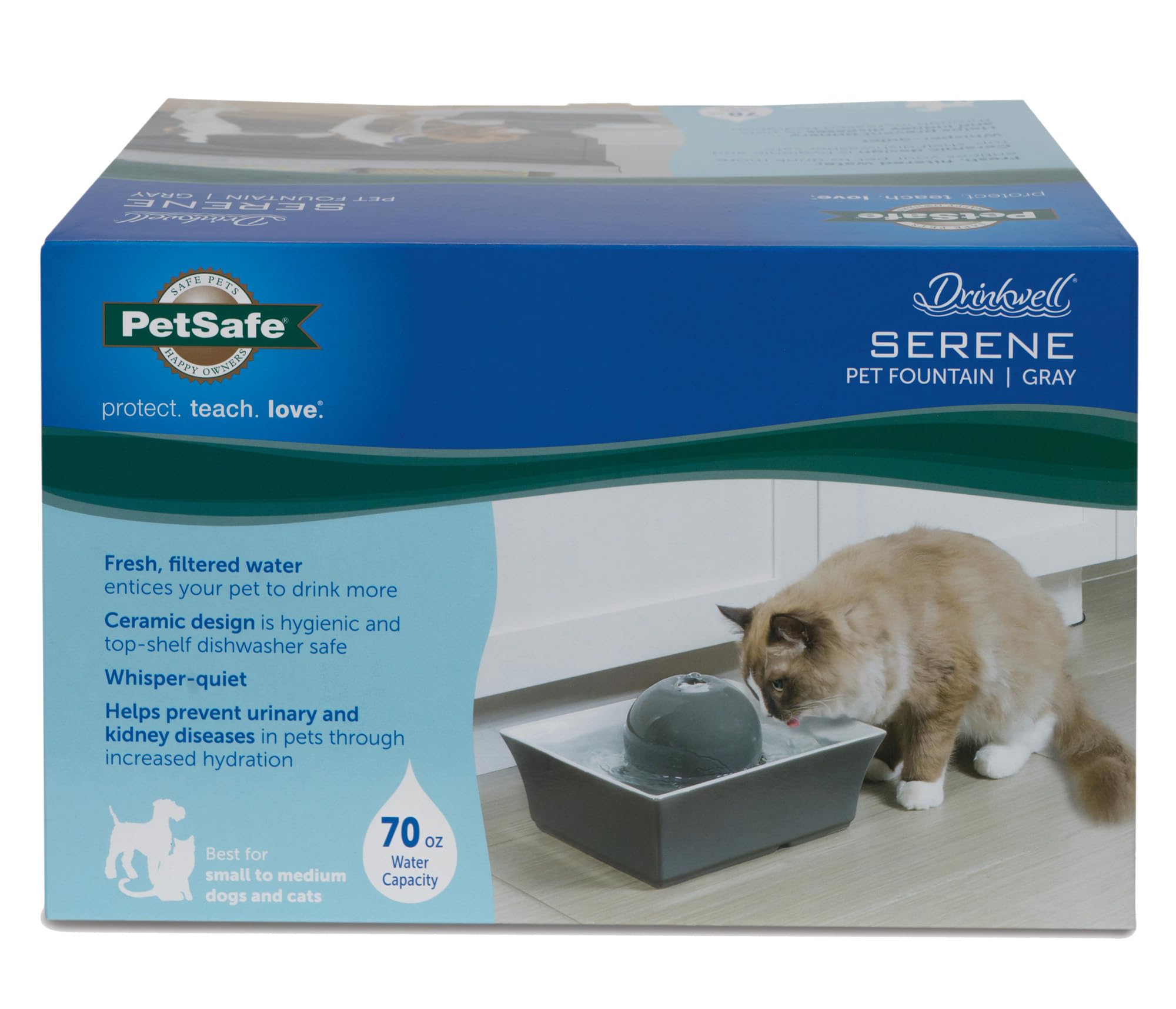 Petsafe Drinkwell Ceramic Pet Water Fountain - Quiet Automatic 70Oz Dispenser For Cats & Dogs With Filters - Dishwasher Safe Square Design