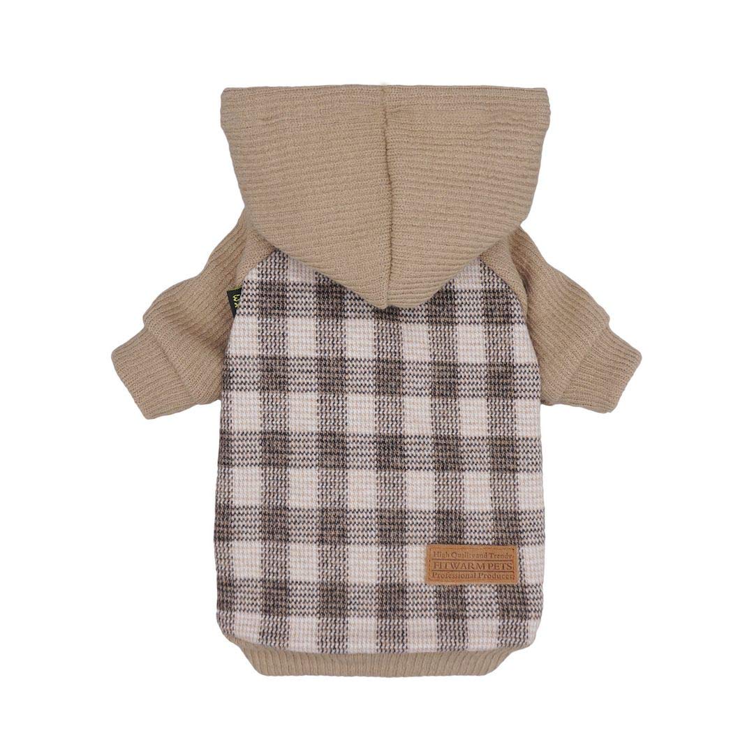 Fitwarm Tartan Plaid Dog Hoodie, Knitted Dog Clothes for Small Dogs Boy, Pet Sweatshirt, Knitted Sweater, Beige, XS