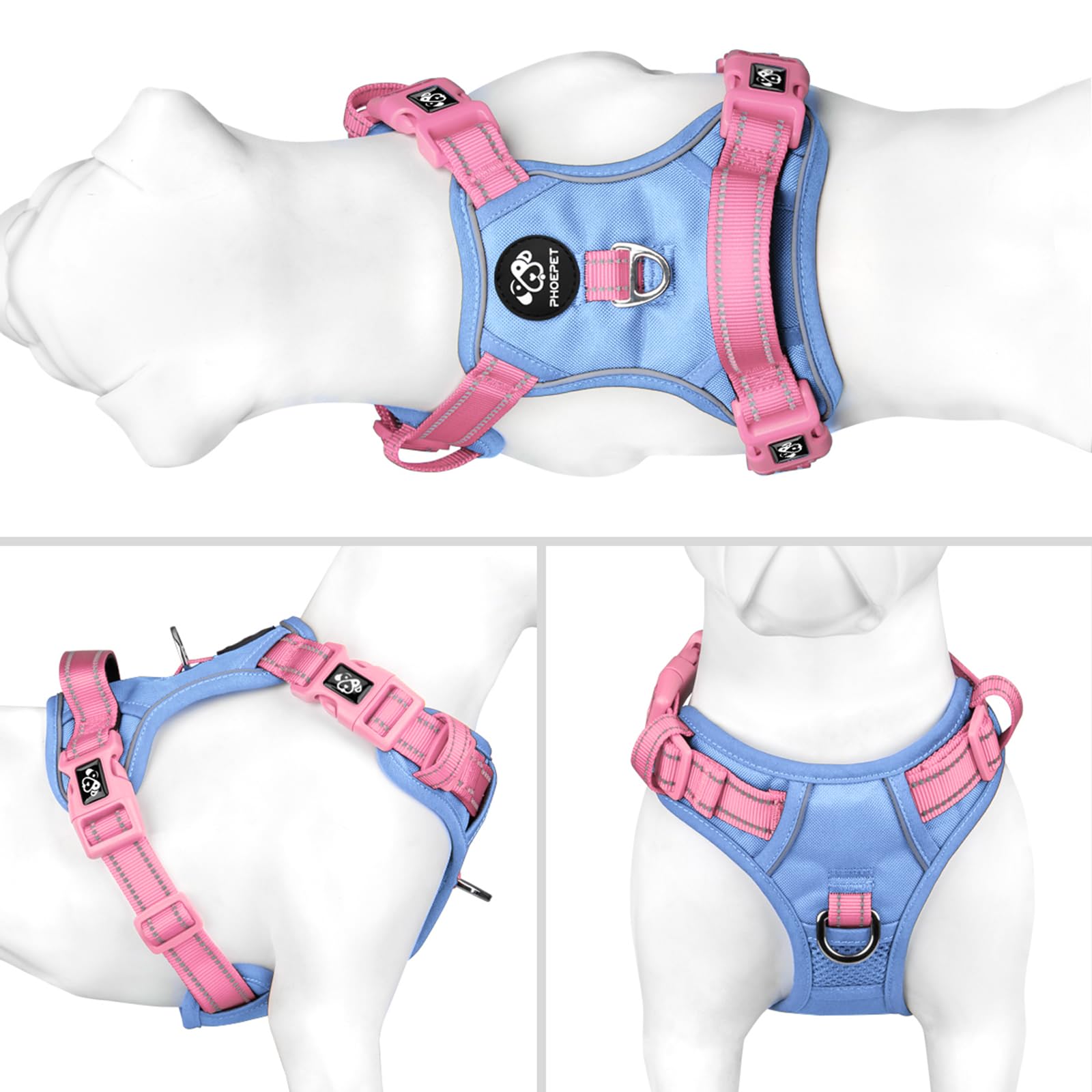 Phoepet No Pull Dog Harness, Unique Colors Reflective Adjustable Dog Vest, With Soft Training Handle Metal Clips For Small Medium Large Dogs (Baby Blue Base & Pink Straps,M)