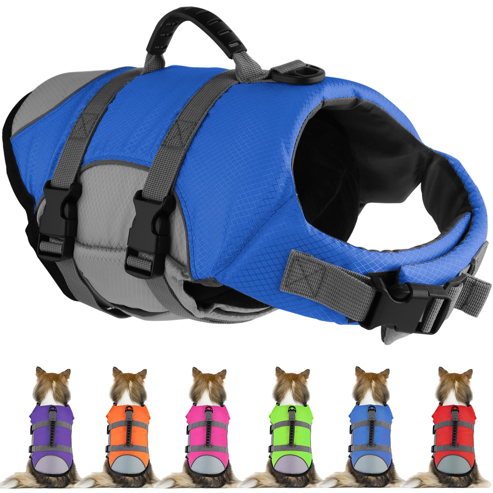 Mklhgty Dog Life Jacket, Reflective Adjustable Dog Life Vest With Rescue Handle For Swimming And Boating, Ripstop Pet Safety Lif