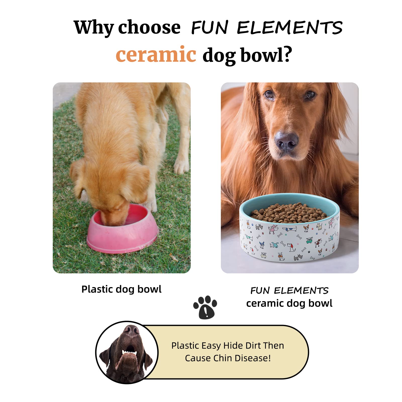 Fun Elements Ceramic Dog Bowls - Large, 64 Fl Oz Heavy Duty, Adorable Dog Patterns (Large, Blue)