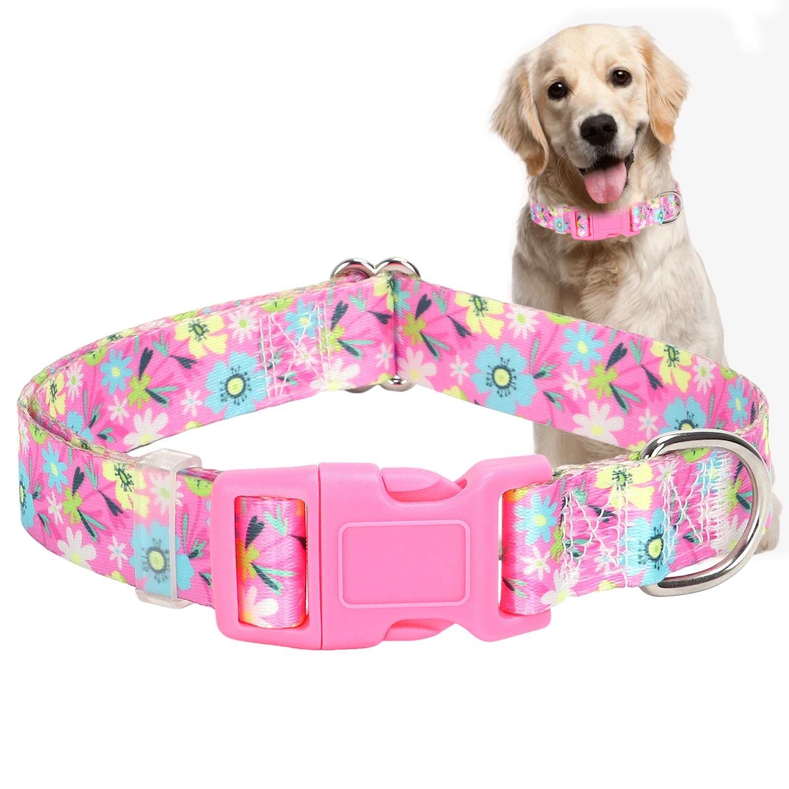 Girl Dog Collar For Medium Dogs,Cute Pink Flowers Female Dog Collars Adjustable Soft Nylon Dog Collars For Small Medium Large Xl