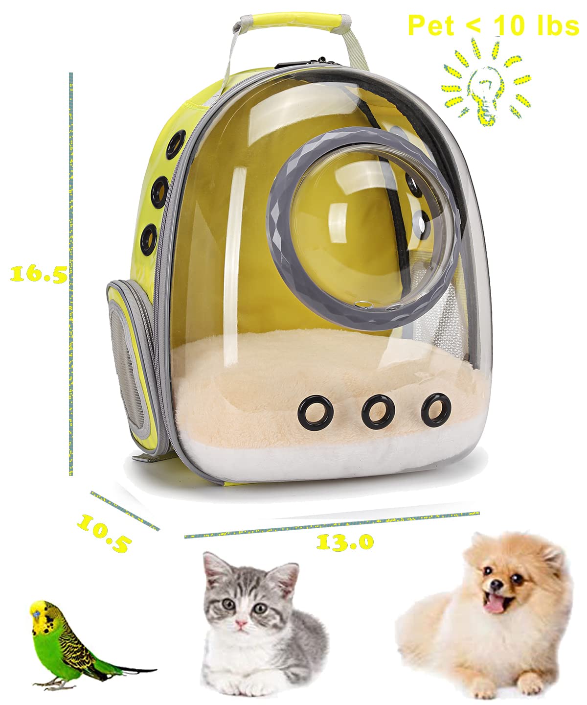 Orizzp Bubble Cat Carrier Backpack Transparent Pet Carrier Backpack For Small Puppy And Bunny (Yellow, Backpack)