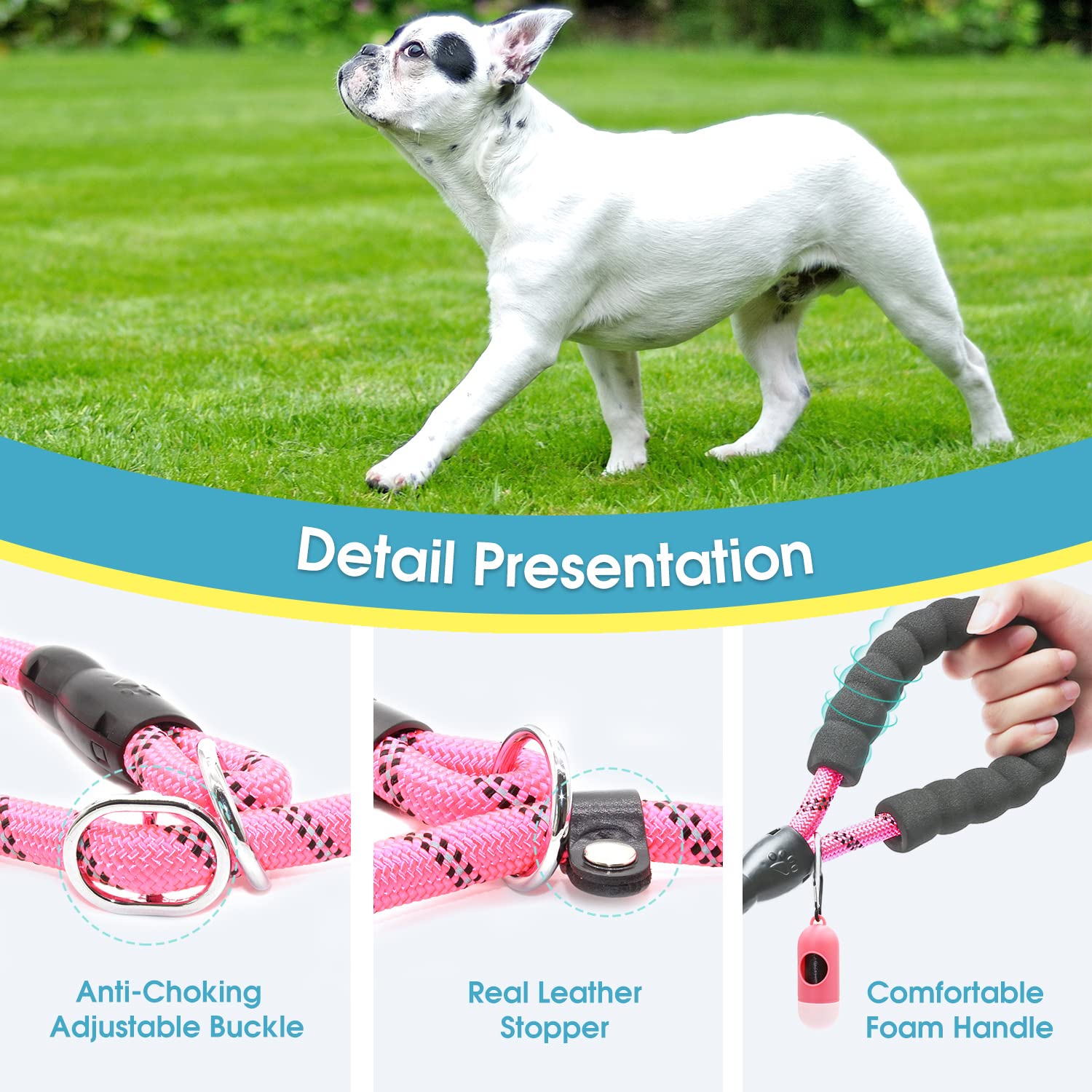Baapet 6 Feet Slip Lead Dog Leash Anti-Choking With Upgraded Durable Rope Cover And Comfortable Padded Handle For Large, Medium, Small Dogs Trainning With Poop Bags And Dispenser (Pink)