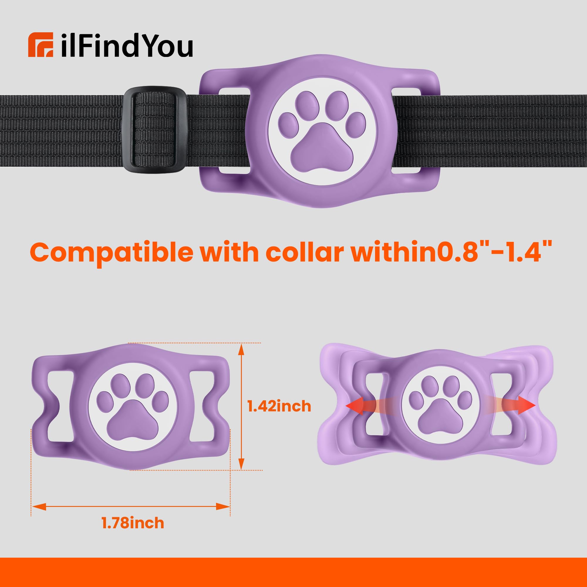 Ilfindyou Waterproof Airtag Dog Collar Holder For Apple Air Tag, Silicone Dog Airtag Holder For Dogs & Cat Collars(Purple)