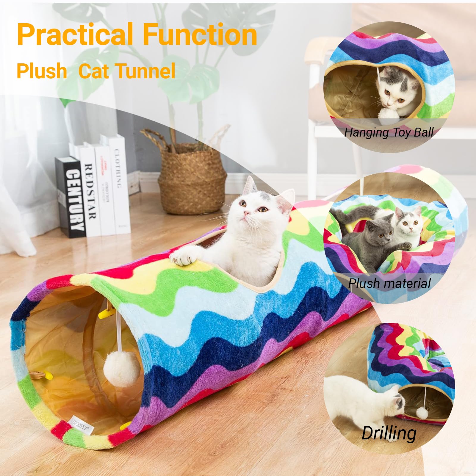 Luckitty Cat Tunnel -Straight-Shaped, Rainbow Wave Color, Soft Velvet Exterior, Oxford Fabric Fog-Proof Interior, Plush Toy Ball, Easily Washable, Conveniently Foldable, 47.2In/120Cm