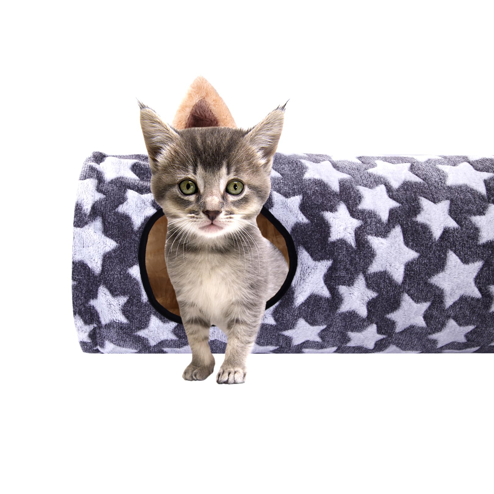 Luckitty Cat Tunnel -Straight-Shaped, Gray Star Pattern, Soft Velvet Exterior, Oxford Fabric Fog-Proof Interior, Plush Toy Ball,