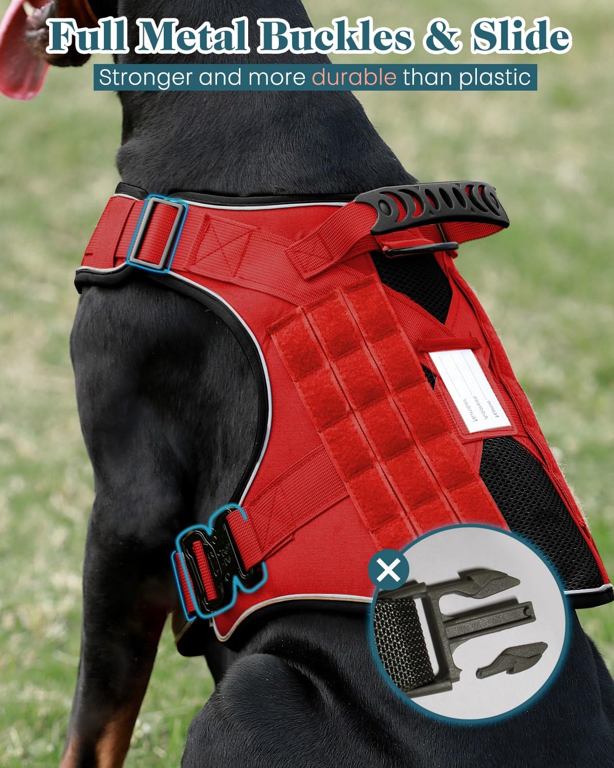 Reflective No Pull Service Dog In Training Vest Harness For Medium Large Dogs, Red Metal Buckles Front Clip Comfort Padded Adjus
