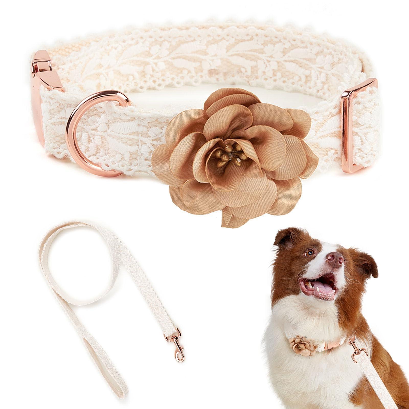 Hqrea Beige Dog Collar And Leash Set Adjustable Lace Dog Collar For Large Dogs With Flowers & Rose Gold Metal Clasp For Pet Wedd