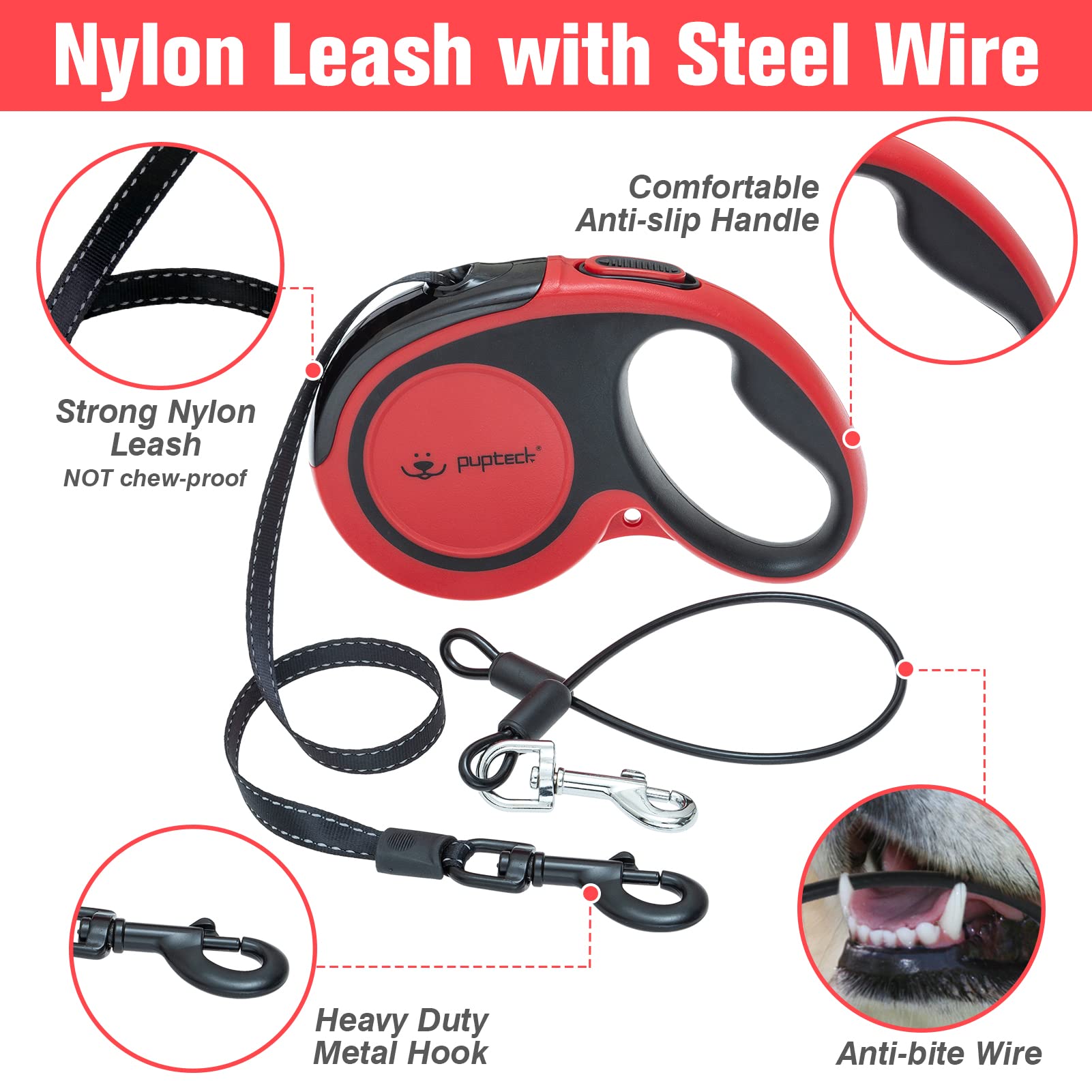 PUPTECK Retractable Dog Leash, 16ft Reflective, Anti-Chewing Steel Wire, Tangle-Free for Small Medium Large Dogs, Red, Heavy Duty 110lbs
