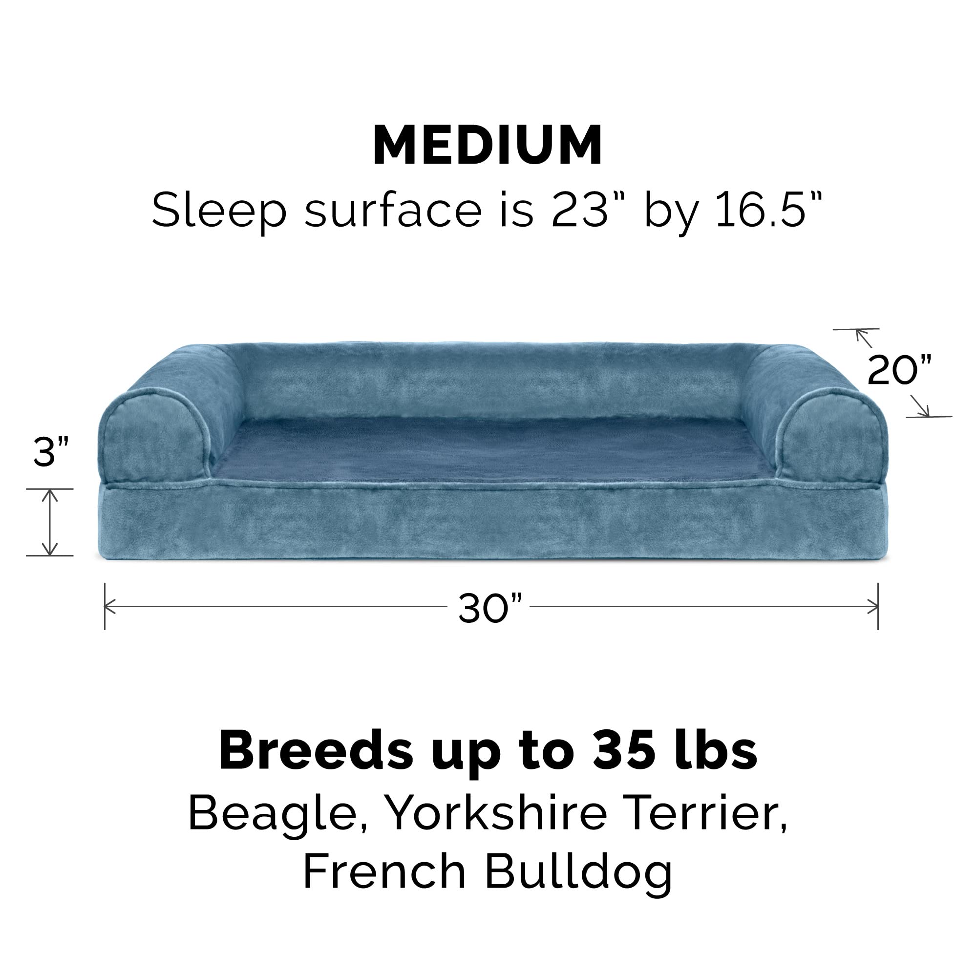 Furhaven Orthopedic Dog Bed For Medium/Small Dogs W/ Removable Bolsters & Washable Cover, For Dogs Up To 35 Lbs - Faux Fur & Velvet Sofa - Harbor Blue, Medium