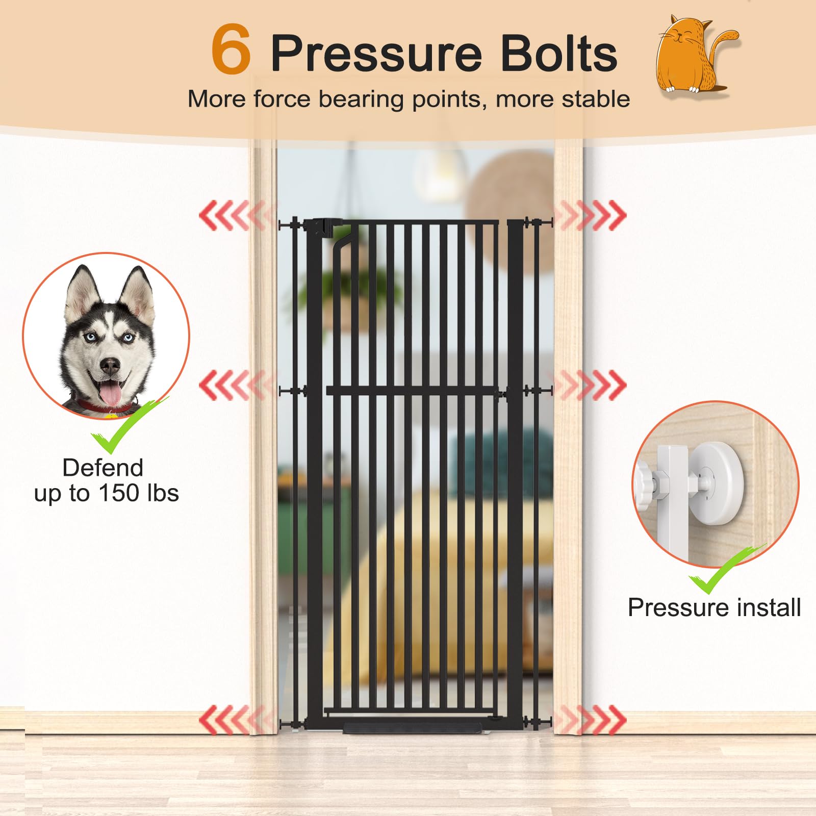 Senneny 63 Extra Tall Cat Gate Auto Close & One-Hand Open, Includes Extension, No Drilling Pressure & Wall Mounted Kits, Metal P