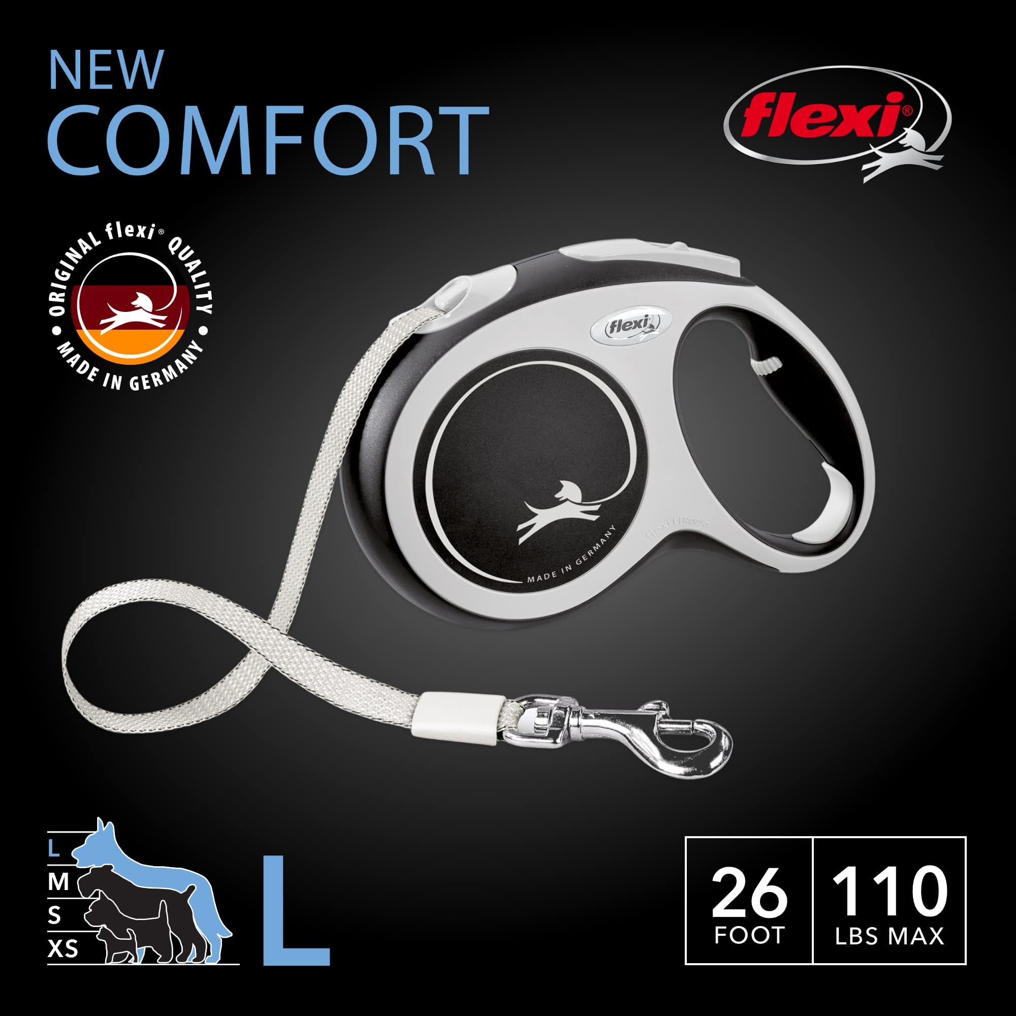 FLEXI® Retractable Dog Leash for Large Dogs - 26 ft, Nylon, Grey/Black, Tangle-Free with One-Handed Brake, Model CF30T8.250.GR