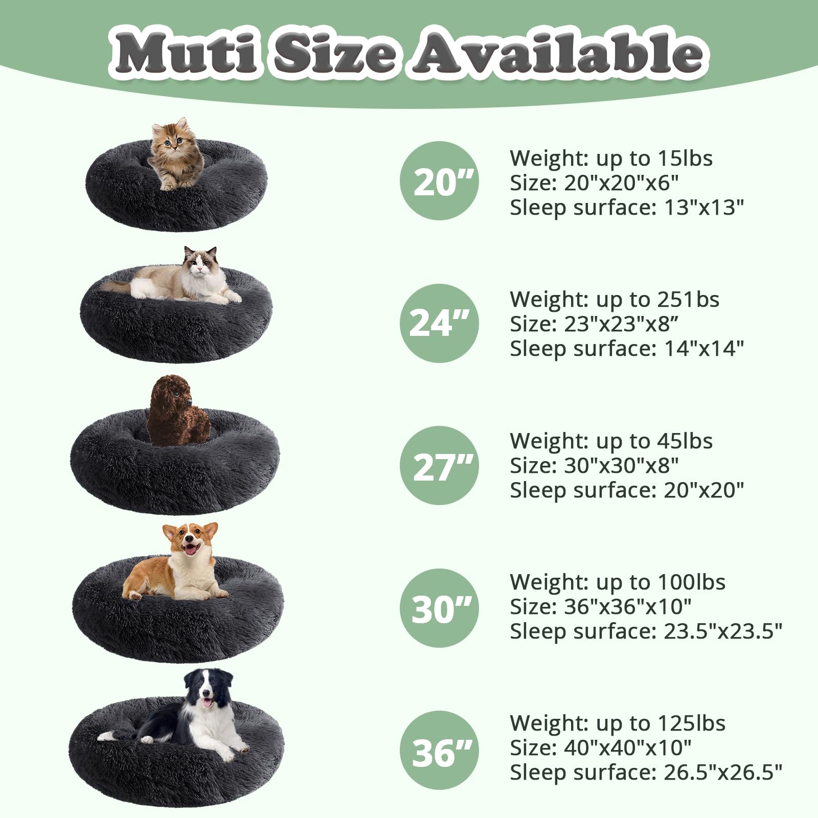 JOLLYVOGUE Dog Bed, Calming Fluffy Donut Bed for Small Dogs, 20" Pure Black, Anti-Anxiety Cushion, Model SDB-CHBK50