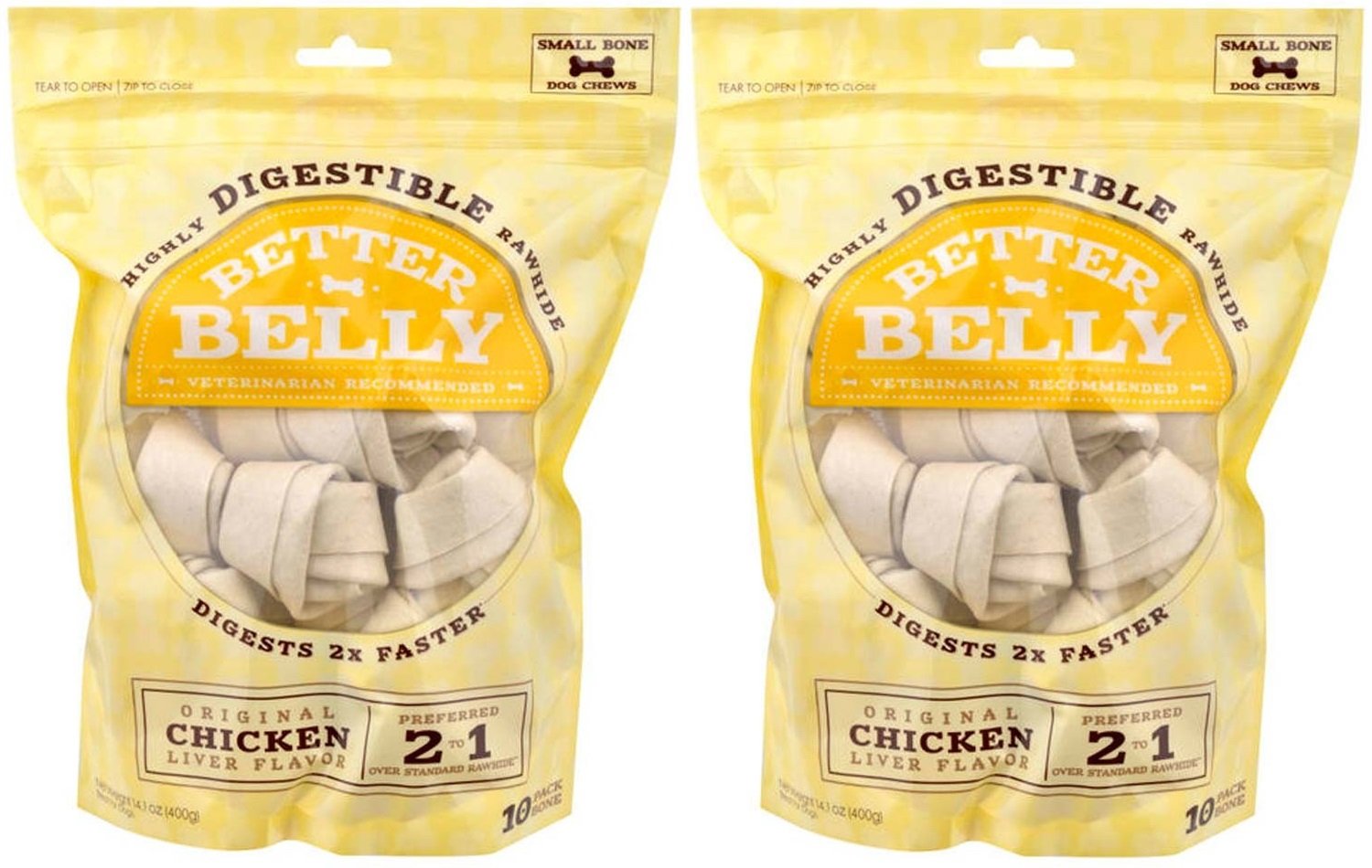 (2 Pack) Better Belly Chicken Liver Rawhide Small Dog Bones, 10 Bones Per Pack