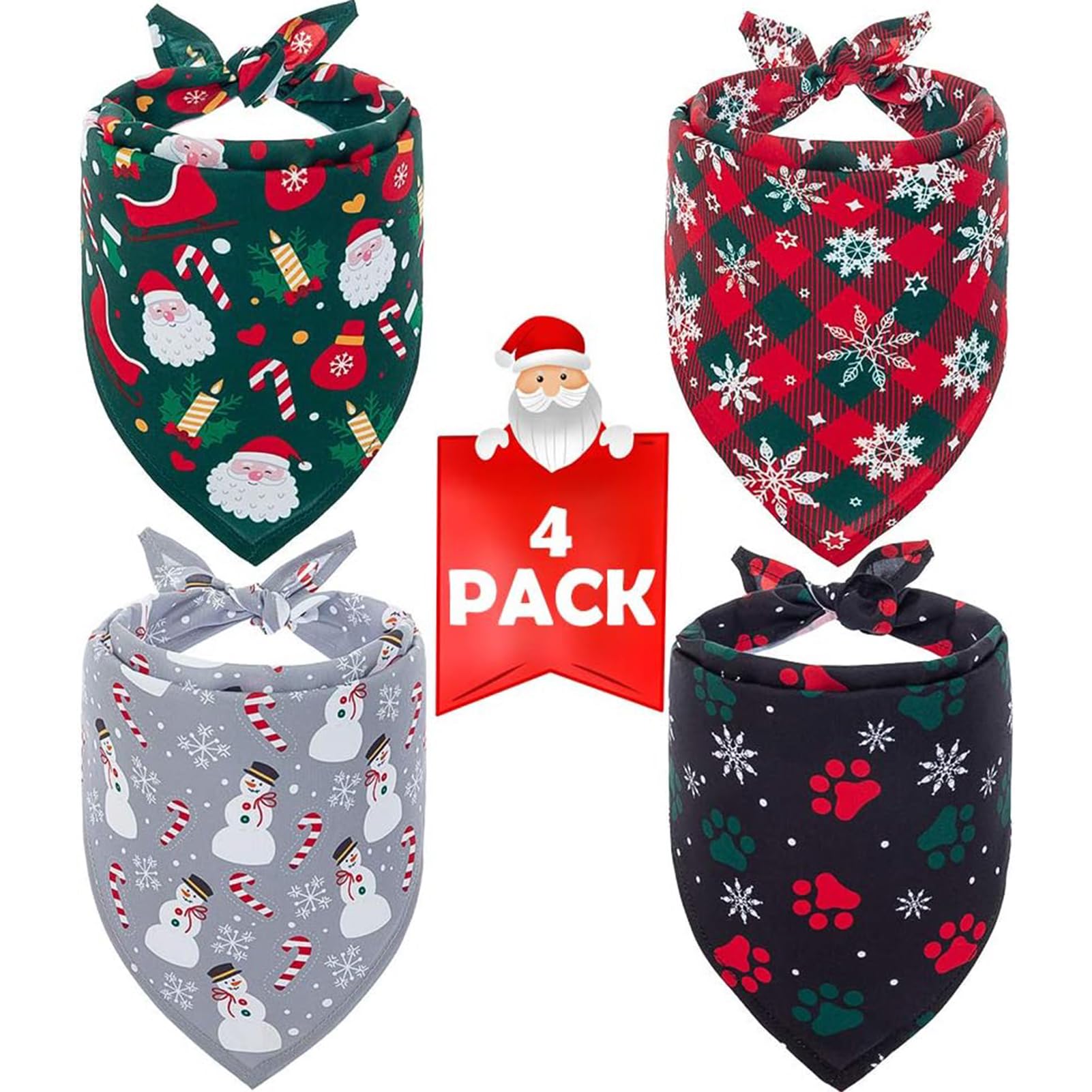 Scenereal Christmas Dog Bandana 4 Pack - Soft And Breathable Pet Triangle Scarf Bibs, Full Of Chirstmas Element Patterns, For Do
