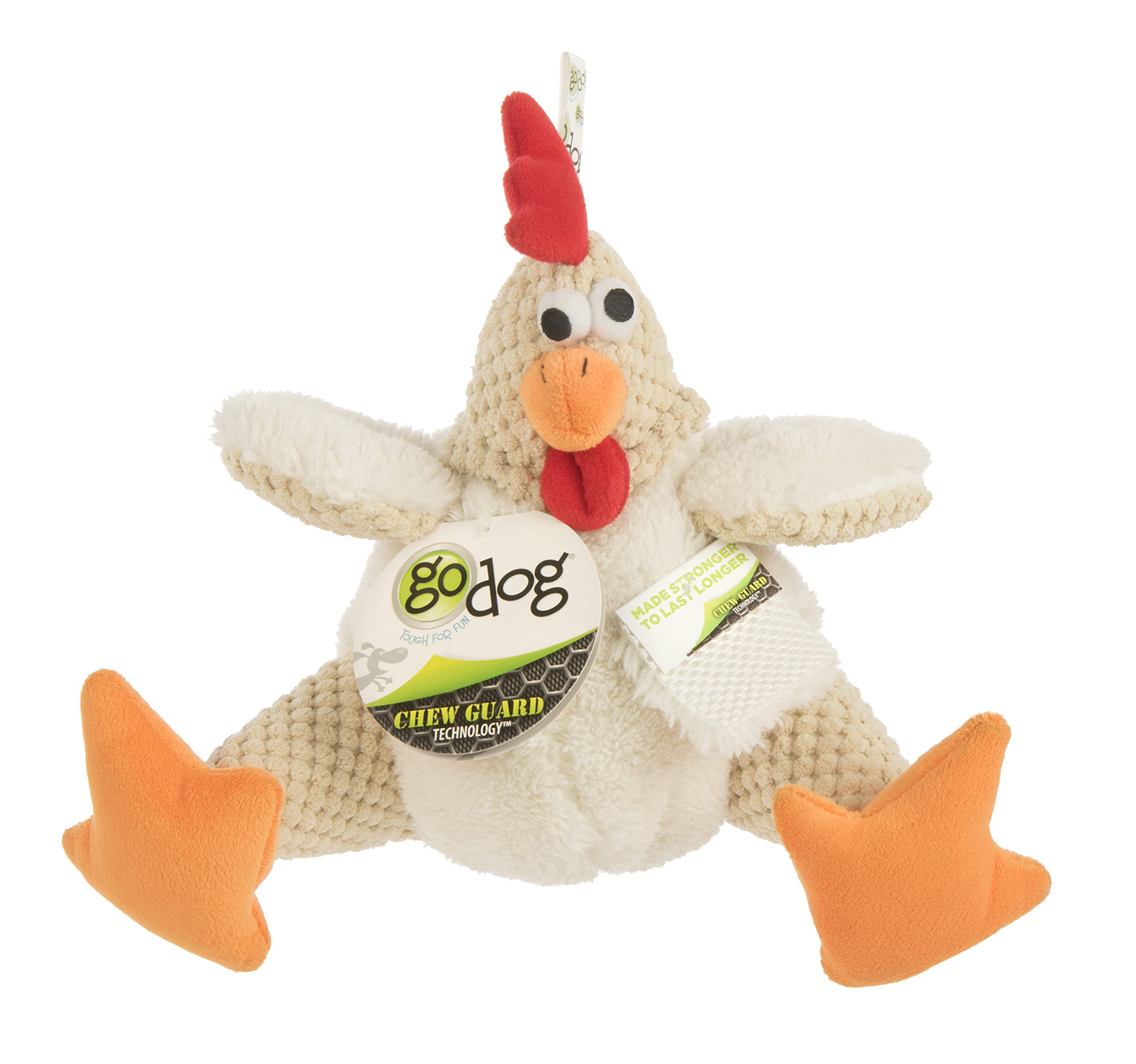 Godog Checkers Fat Rooster Squeaky Plush Dog Toy, Chew Guard Technology - White, Large