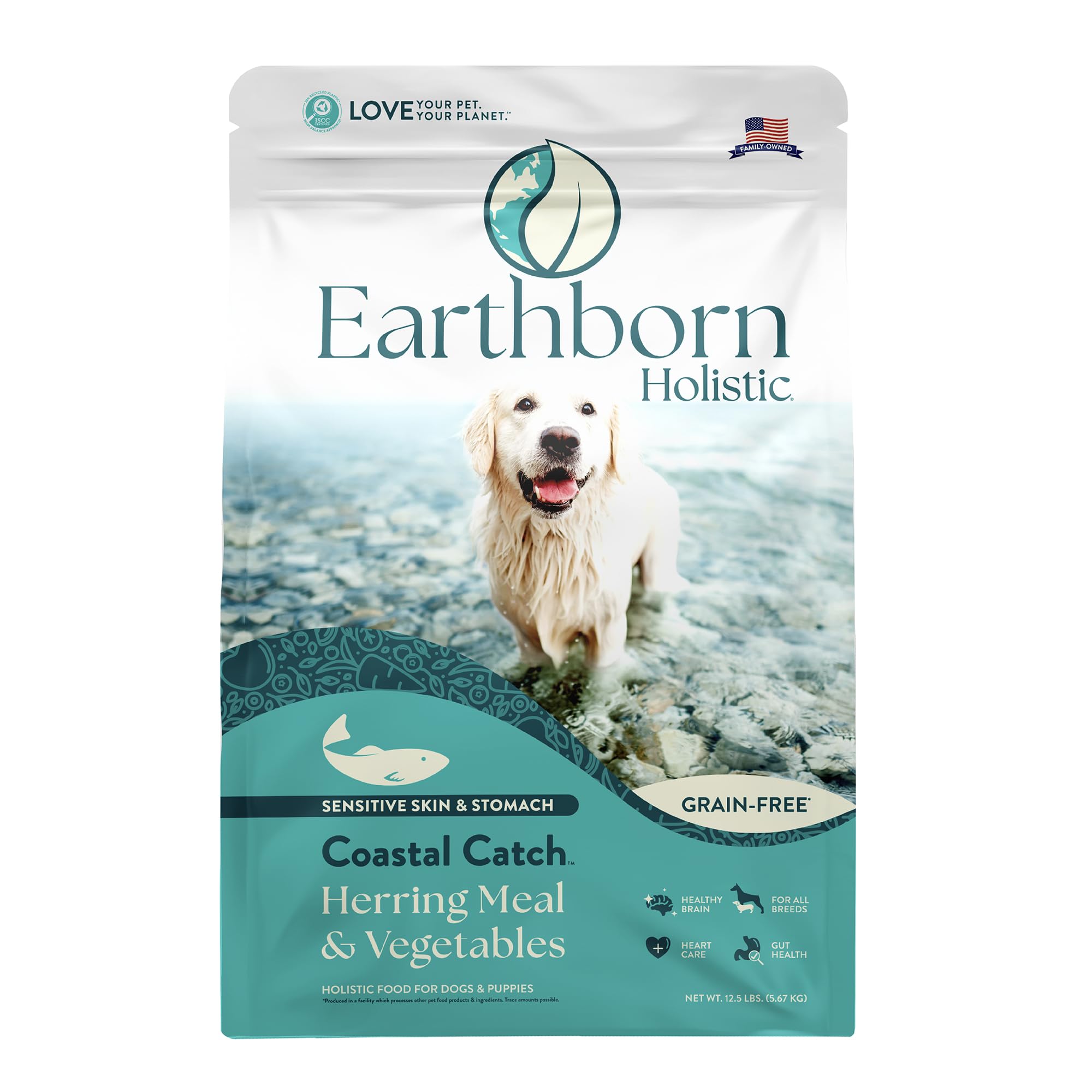 Earthborn Holistic Coastal Catch Herring Meal & Vegetables Grain-Free Sensitive Skin & Stomach Dry Food for Dogs and Puppies (12