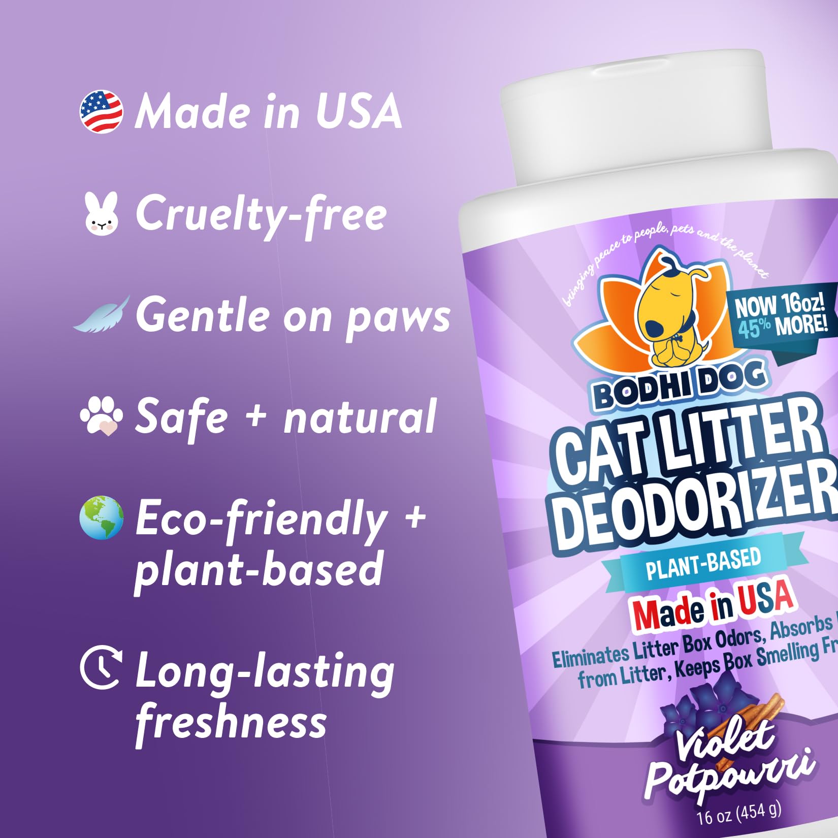 Bodhi Dog Cat Litter Odor Eliminator - Natural Deodorizer, 16 oz, Purple, Long-Lasting Formula, Reduces Litter Box Changes, Violet Potpourri S
