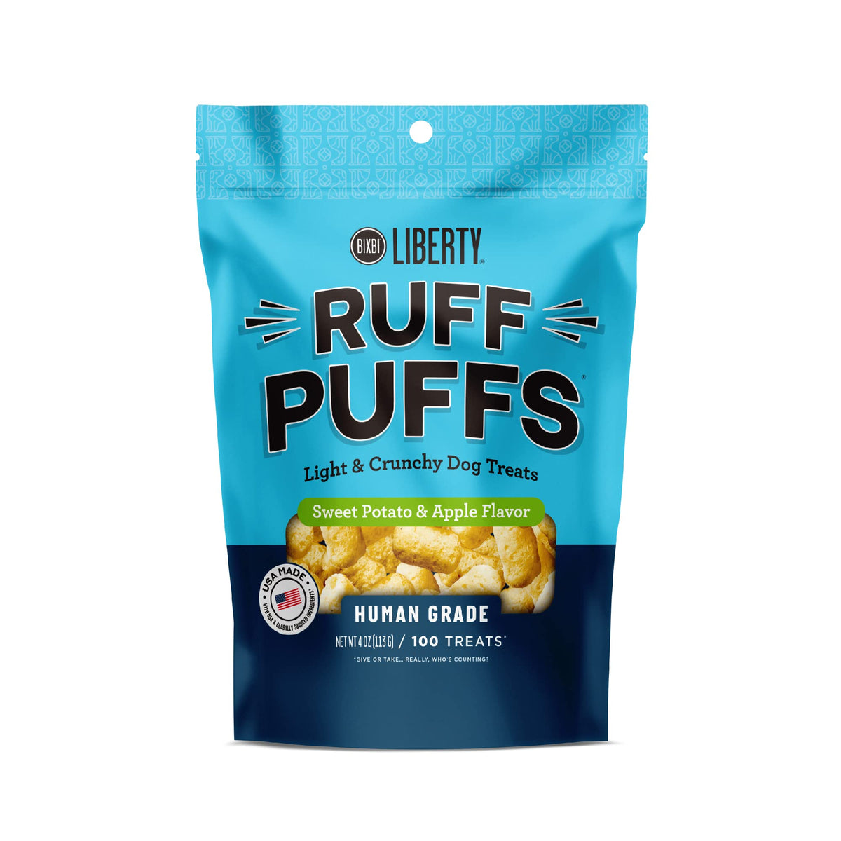 Bixbi Liberty Ruff Puffs, Sweet Potato And Apple 4 Oz - Crunchy Small Training Treats For Dogs - Wheat Free And Low Calorie Dog Treats, Flavorful Healthy And All Natural Dog Treats