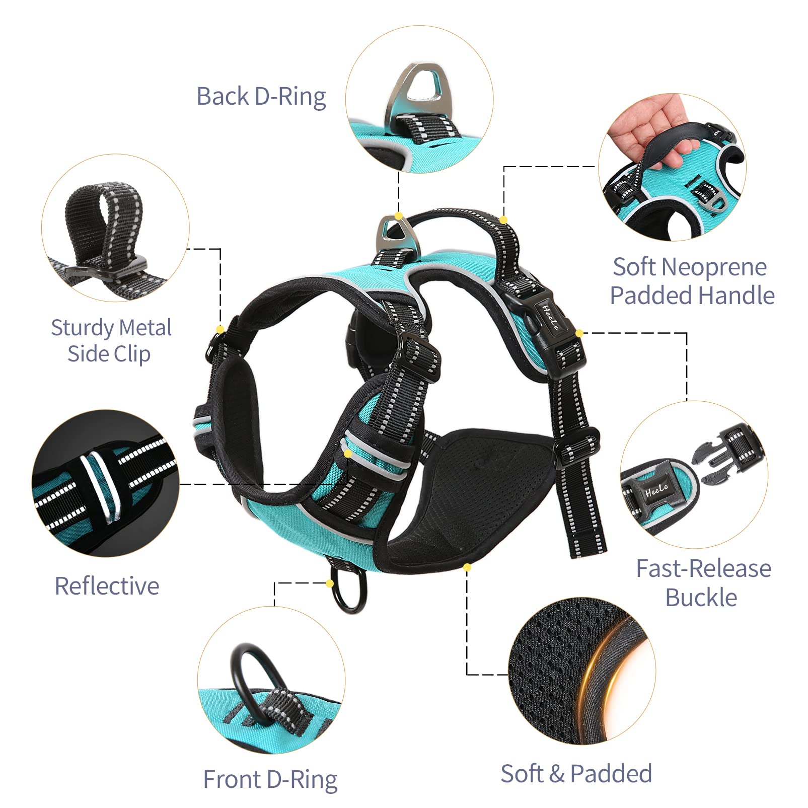 Heele Dog Harness Dog Harness Small Dog No Pull Harness Wiht Soft Handle Reflective Harness Adjustable, Turquoise, S
