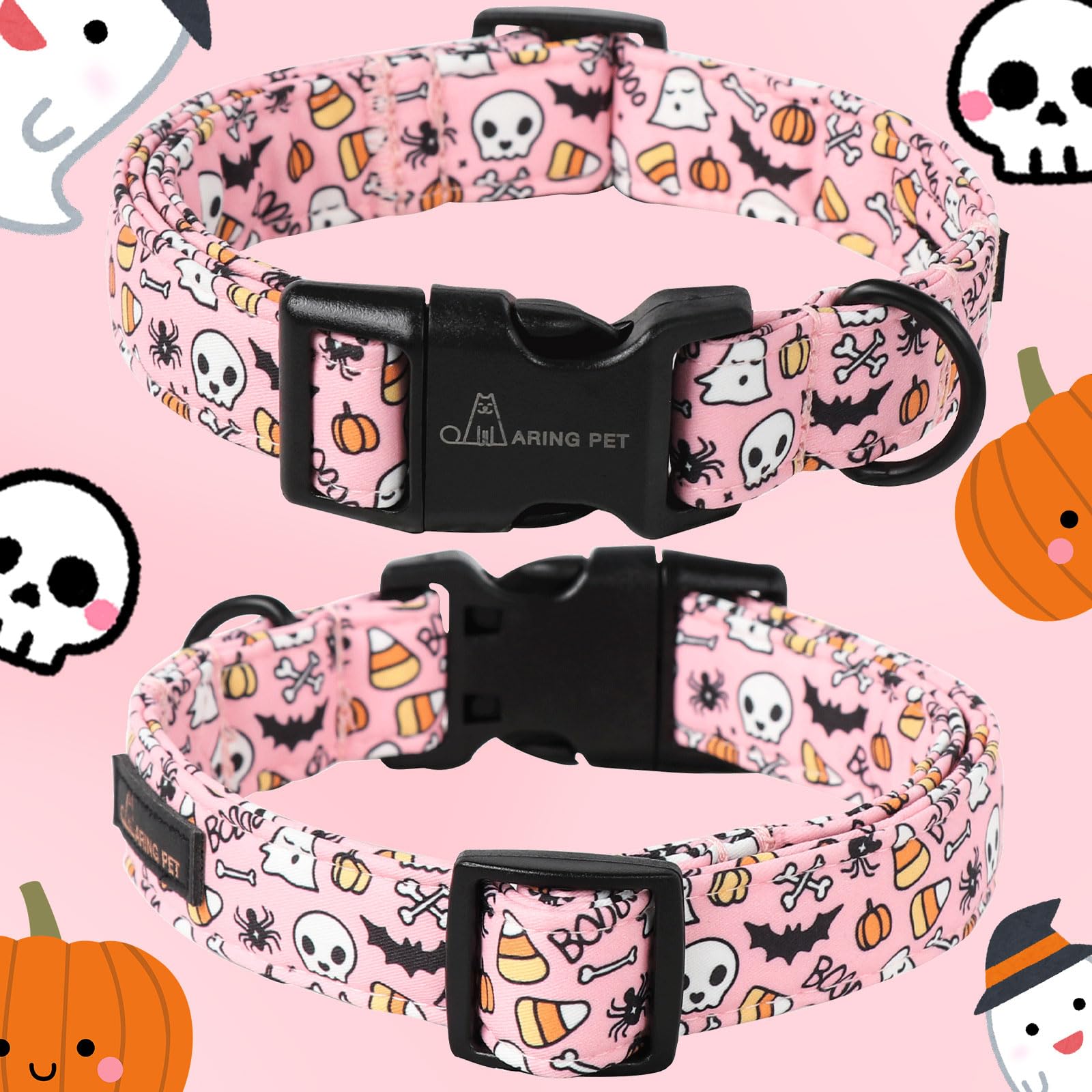 Aring Pet Halloween Dog Collar-Cute Pink Pumpkin Dog Collar, Adjustable Spider Bat Skull Print Pet Collars Puppy Collar With Qui