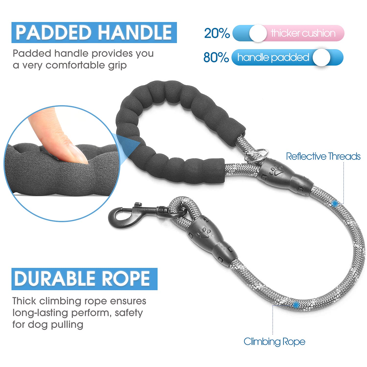 Baapet 2/4/5/6 Ft Dog Leash With Comfortable Padded Handle And Highly Reflective Threads For Small Medium And Large Dogs (2Ft-1/2'', Grey)