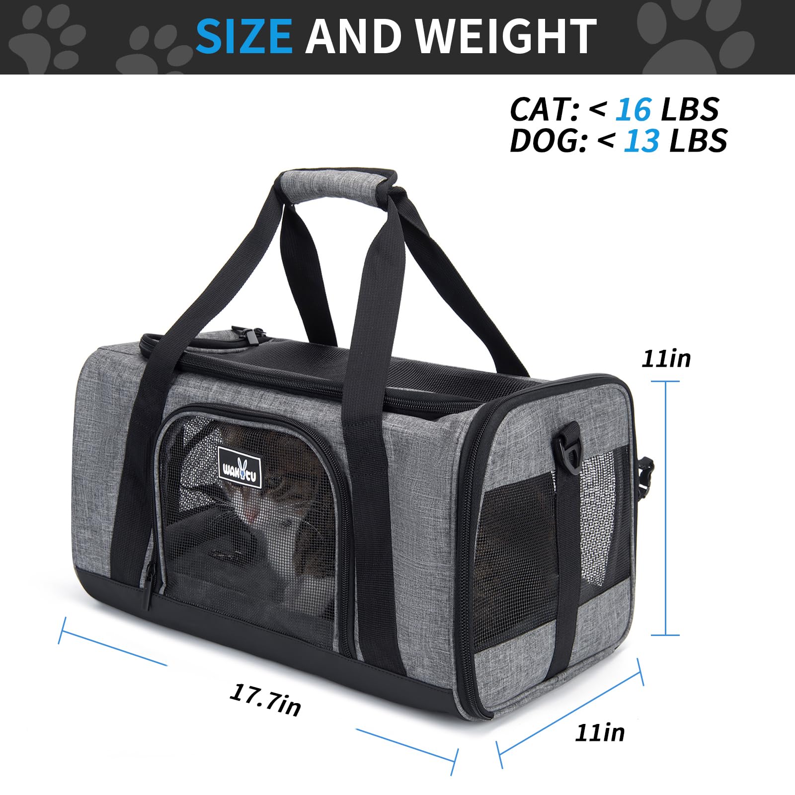 Wakytu Pet Carrier For Small Cats Dogs, Dog Carrier Travel Bag With Adequate Ventilation, 5 Mesh Windows, 3 Entrance, Locking Sa
