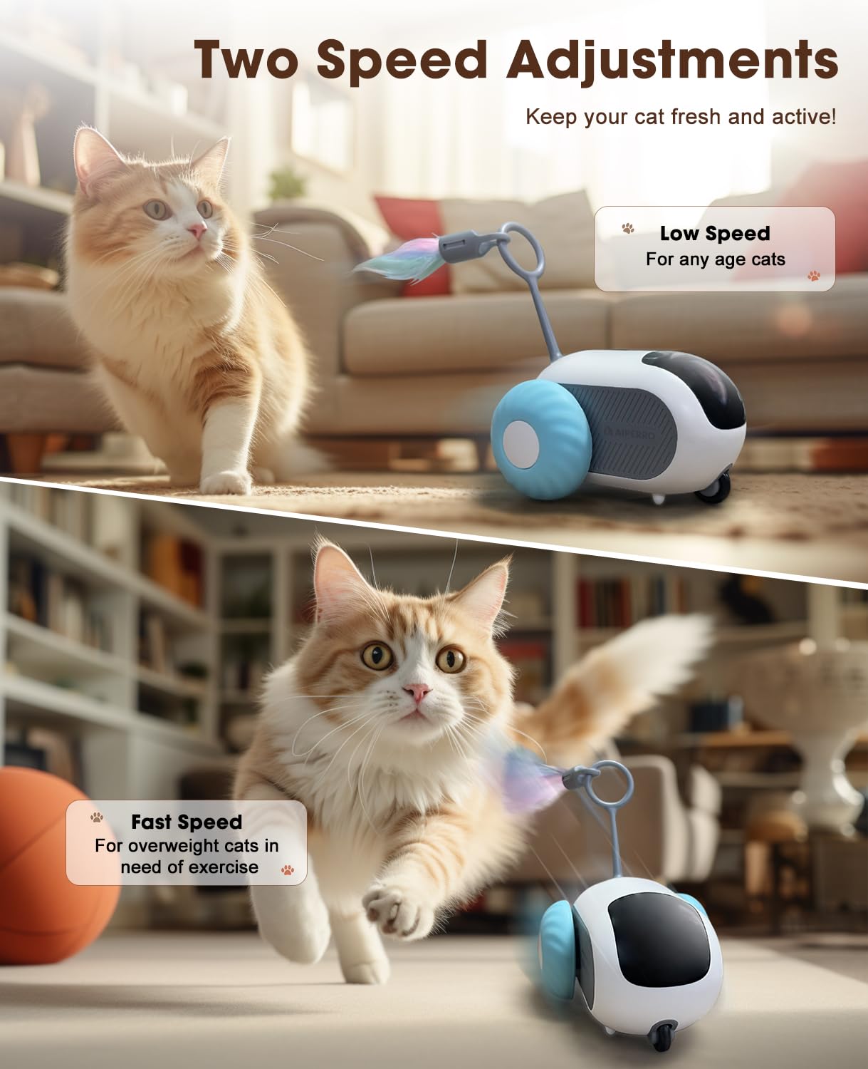 Aiperro Cat Toys For Indoor Cats, Smart Interactive Cat Toy With Two-Speed Adjustment, Remote Control Usb Rechargeable Automatic