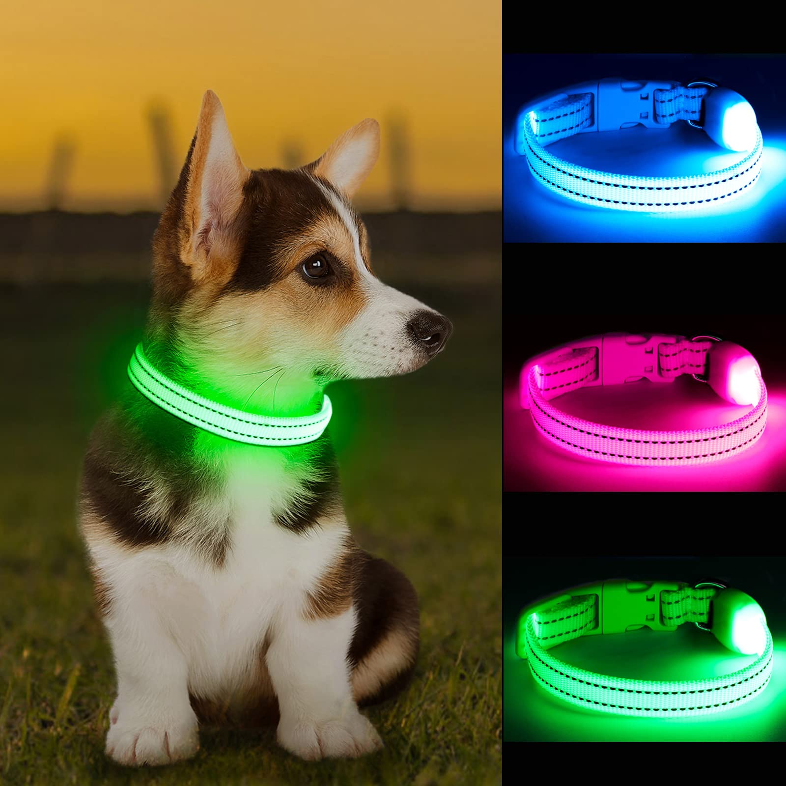 Koskill Light Up Dog Collar At Night, Led Dog Collar Adjustable, Lighted Dog Collar Rechargeable Waterproof, Dog Lights For Night Walking, Glow In The Dark Dog Collars Light For Small Pet (S, Green)