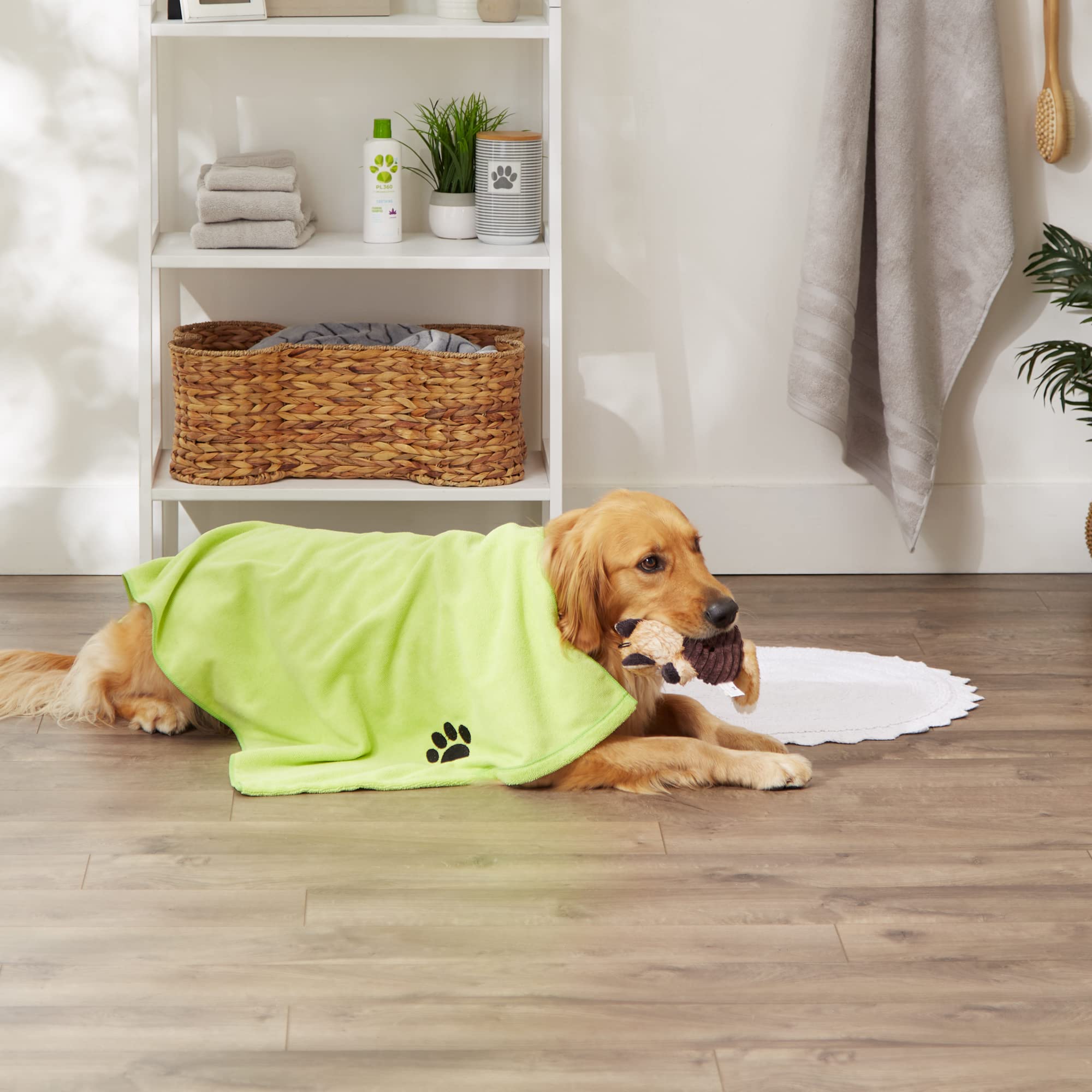 Bone Dry Embroidered Pet Grooming Towel Collection, Absorbent Microfiber X-Large, 41X23.5, Lettuce Green