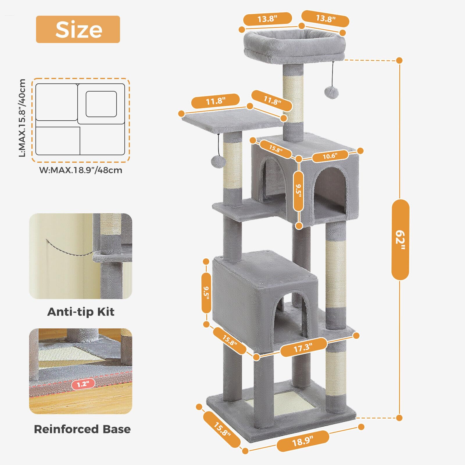 Uymi Cat Tree For Indoor Cats, 62' Multi-Level Cat Tower With 2 Spacious Condos, Scratching Pad, 4 Cat Scratching Posts, 2 Top