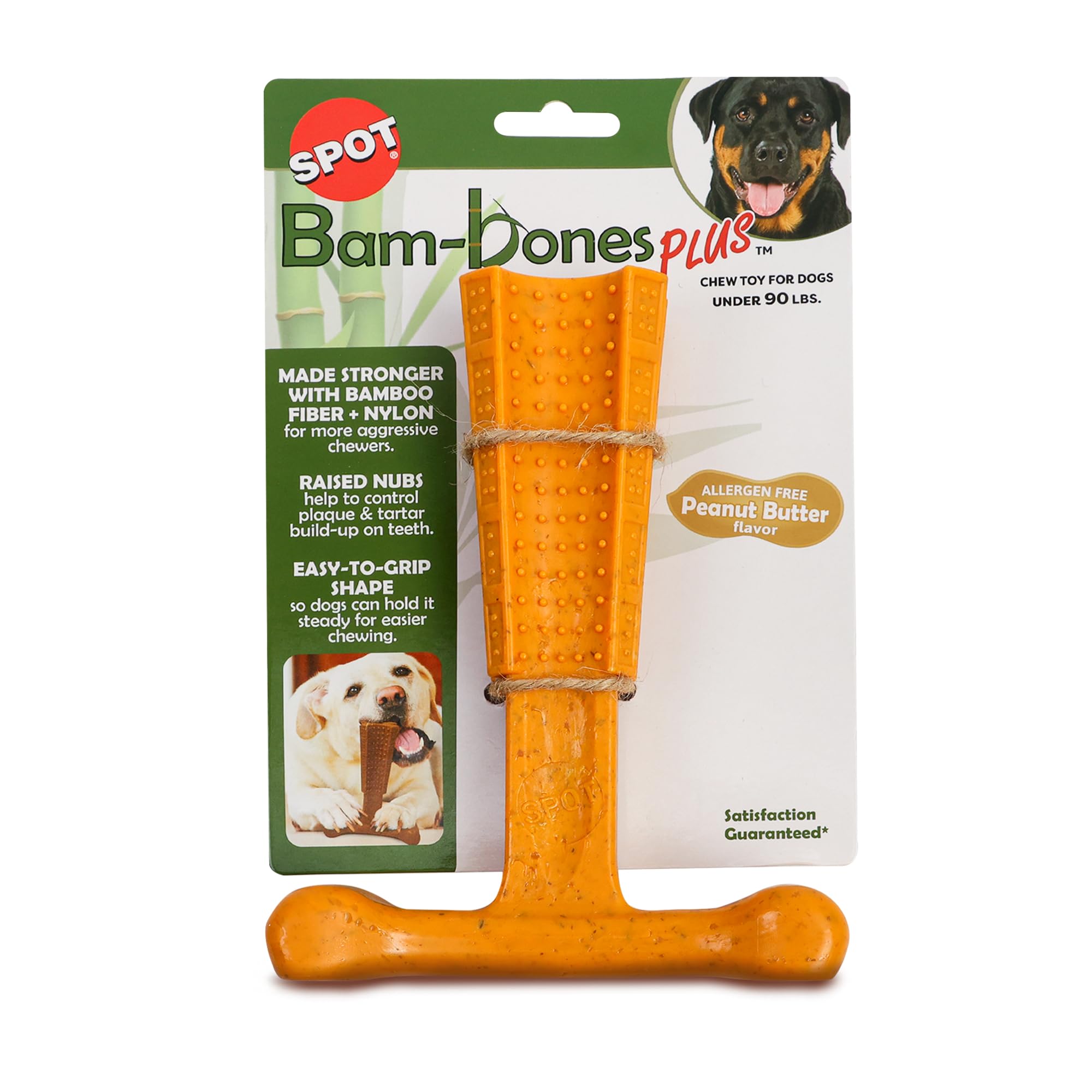 Spot Bam-Bones Plus T Bone - Bamboo Fiber & Nylon, Durable Long Lasting Dog Chew For Aggressive Chewers – Toy For Dogs & Puppies Under 90Lbs, Non-Splintering, 7In, Allergen Free Peanut Butter Flavor