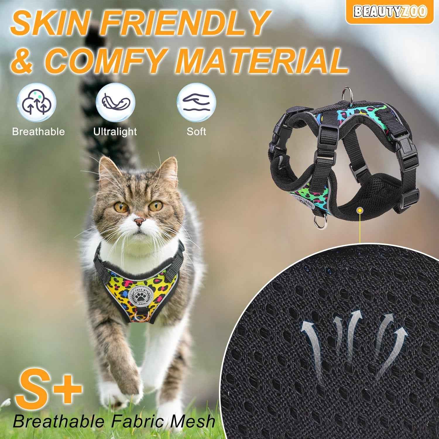 4-Point Escape-Proof Cat Harness & 5FT Leash – Cotton-Lined Air Mesh