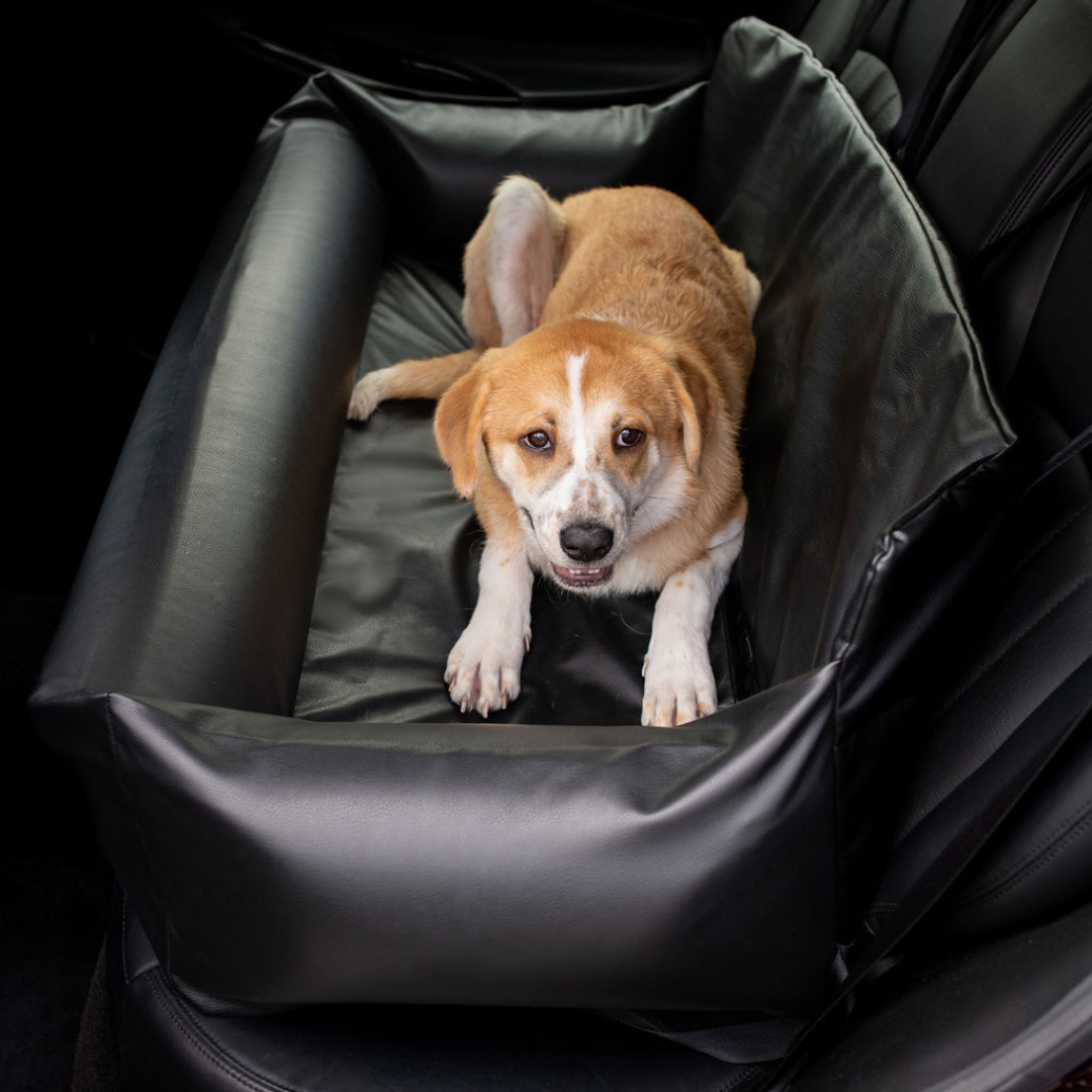 PupProtector™ Faux Cool-to-Touch Vegan Leather Memory Foam Dog Car Bed -  Black