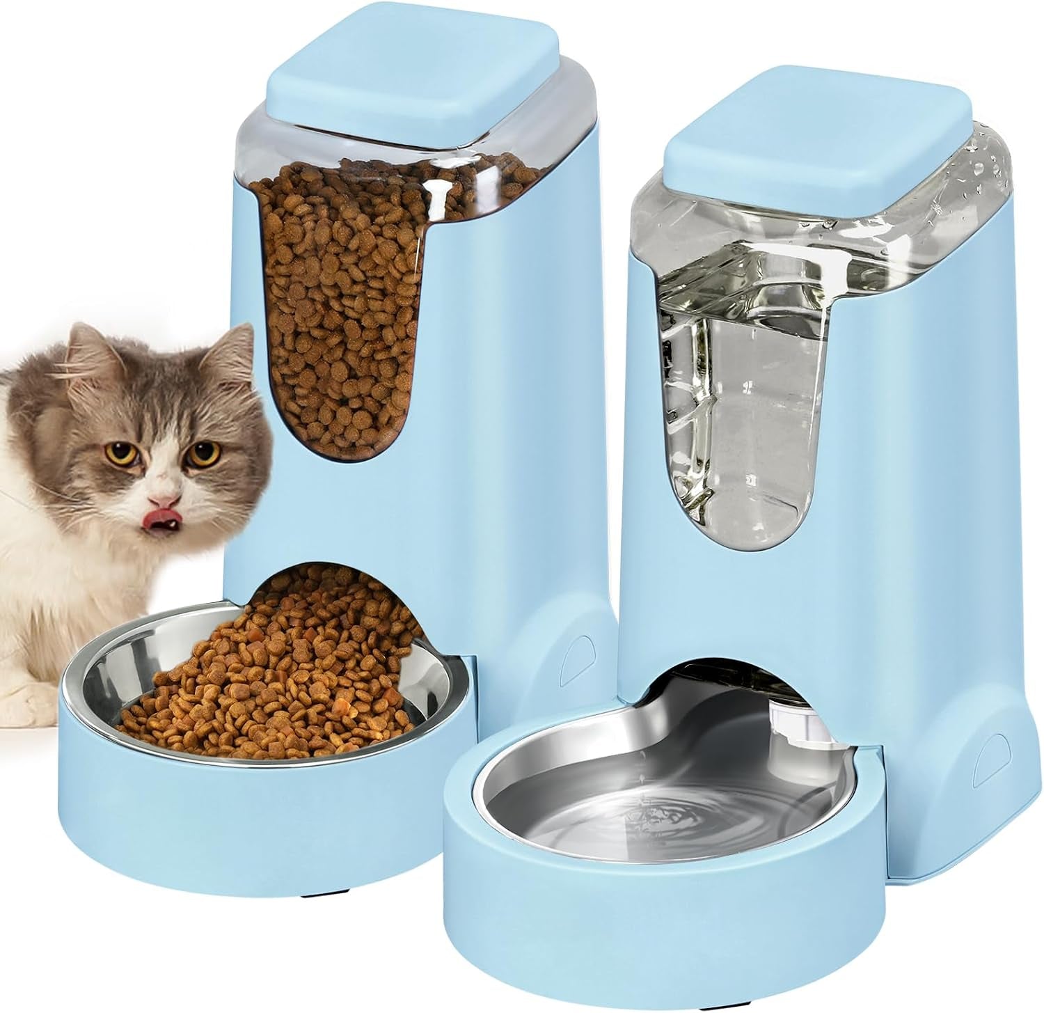 Automatic Cat Feeder & Water Dispenser Set, Steel Bowls, 1 Gallon