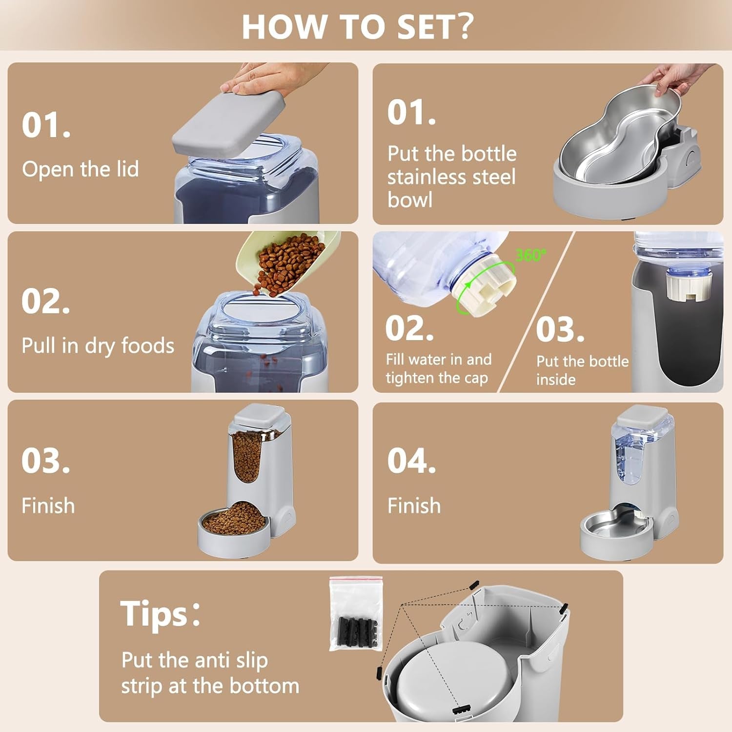 Automatic Cat Feeder & Water Dispenser Set, Steel Bowls, 1 Gallon