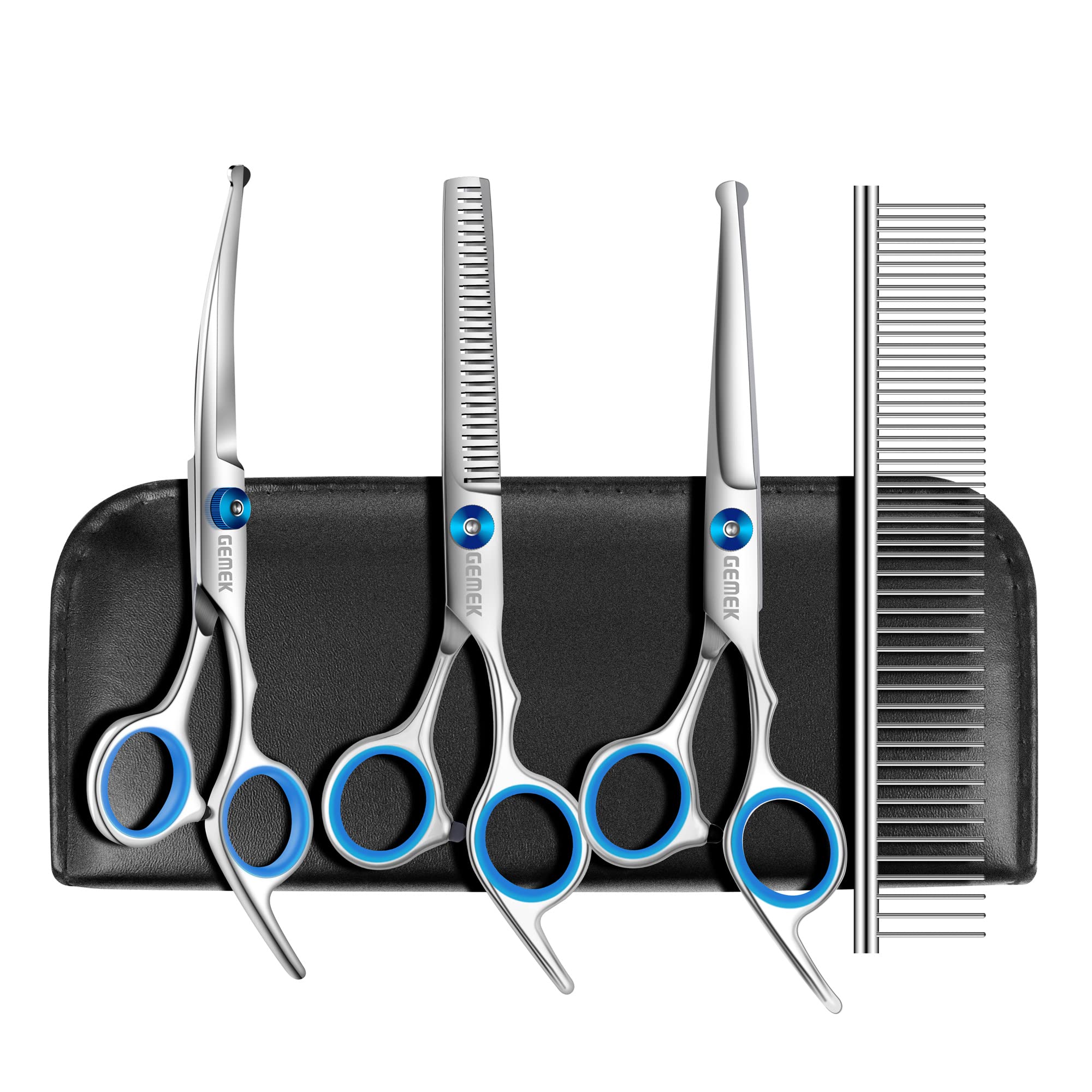 GEMEK Professional Grooming Scissors for Dogs with Safety Round Tips, Dog Grooming Scissors Set - Thinning, Straight, Curved She