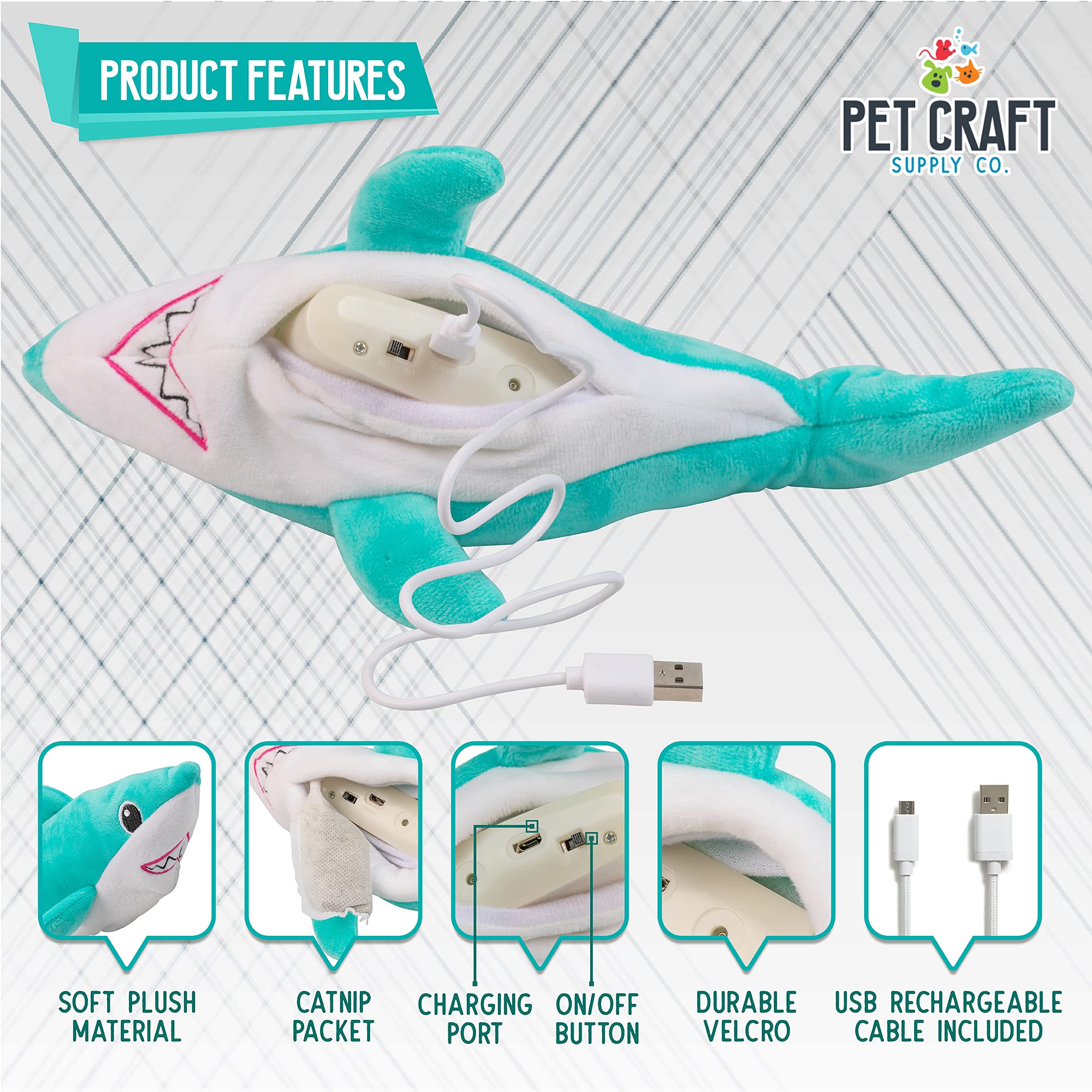 Pet Craft Supply Wiggle Pickle & Shimmy Shark Cat Toy - Interactive Electric Flopping Fish with Catnip & Silvervine, Multi, All Breeds