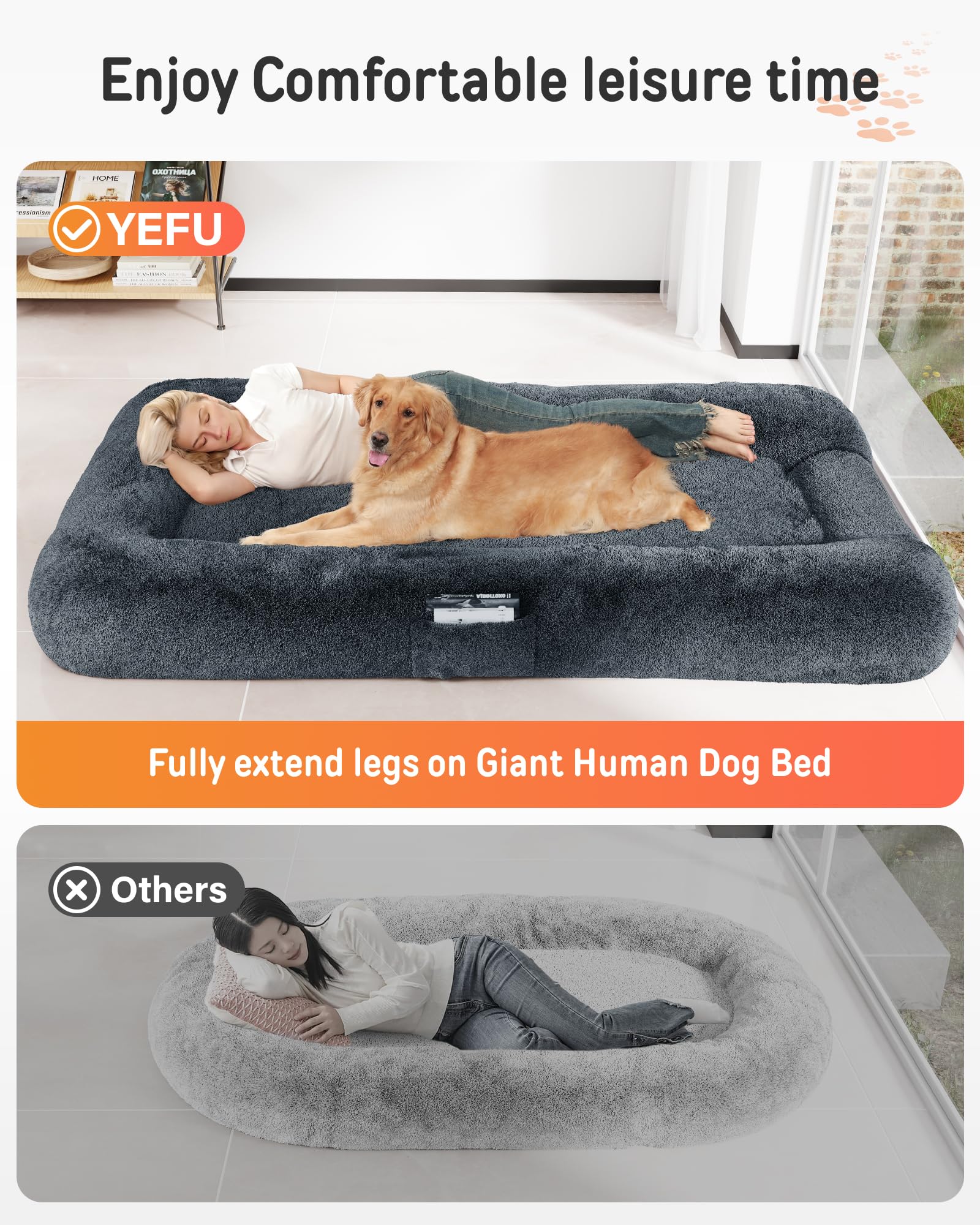 YEFU Human Dog Bed - Orthopedic Foam, Faux Fur, XX-Large 79"x45"x12", Dark Grey, Model BE3501