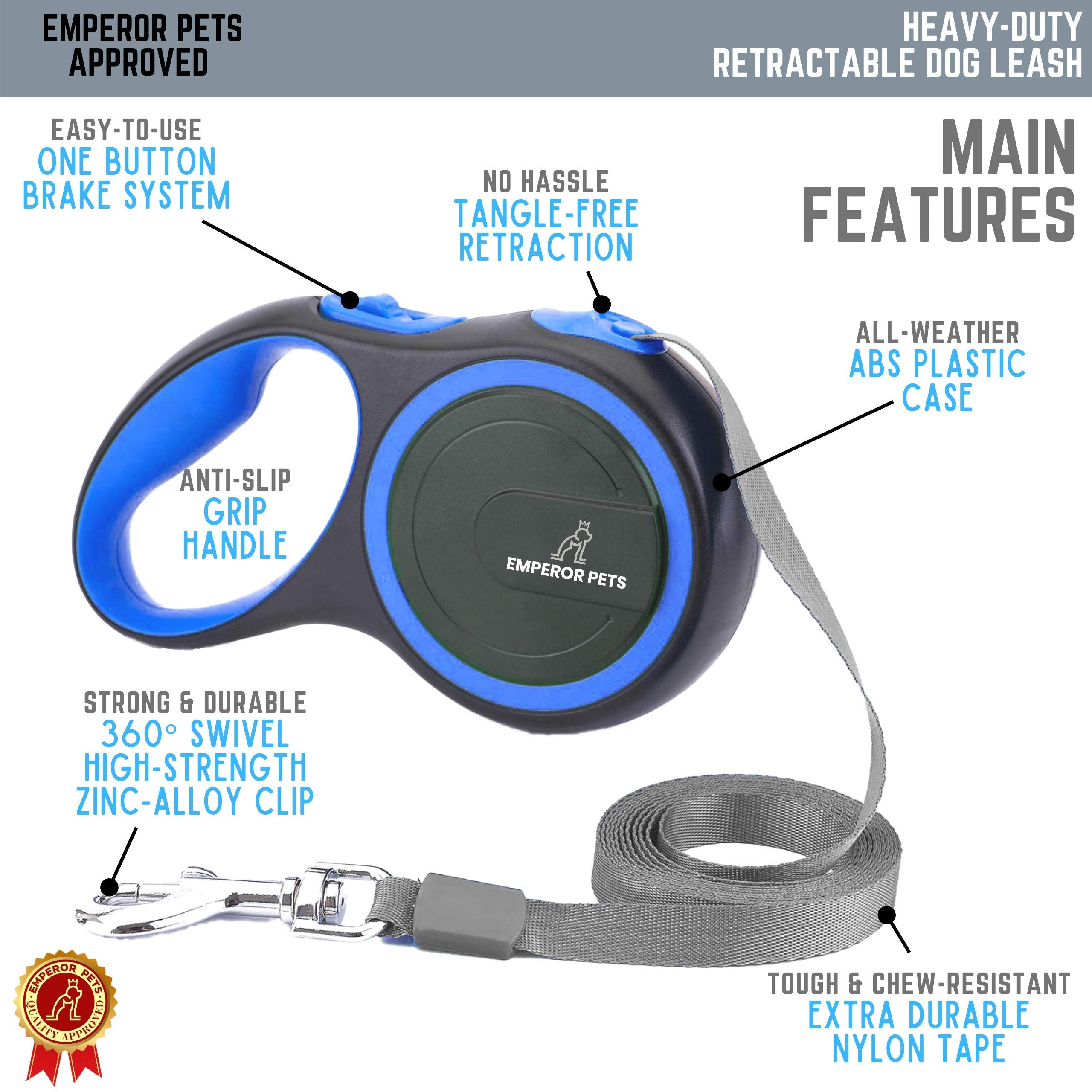 Emperor Pets 16 Feet Retractable Dog Leash Large Dogs - Up To 110Lb, Large Dog Leash Heavy Duty Dog Leash Retractable 26 Ft, Dog Leashes For Large Breed Dogs, Dog Leashes For Medium Dogs -Bl16
