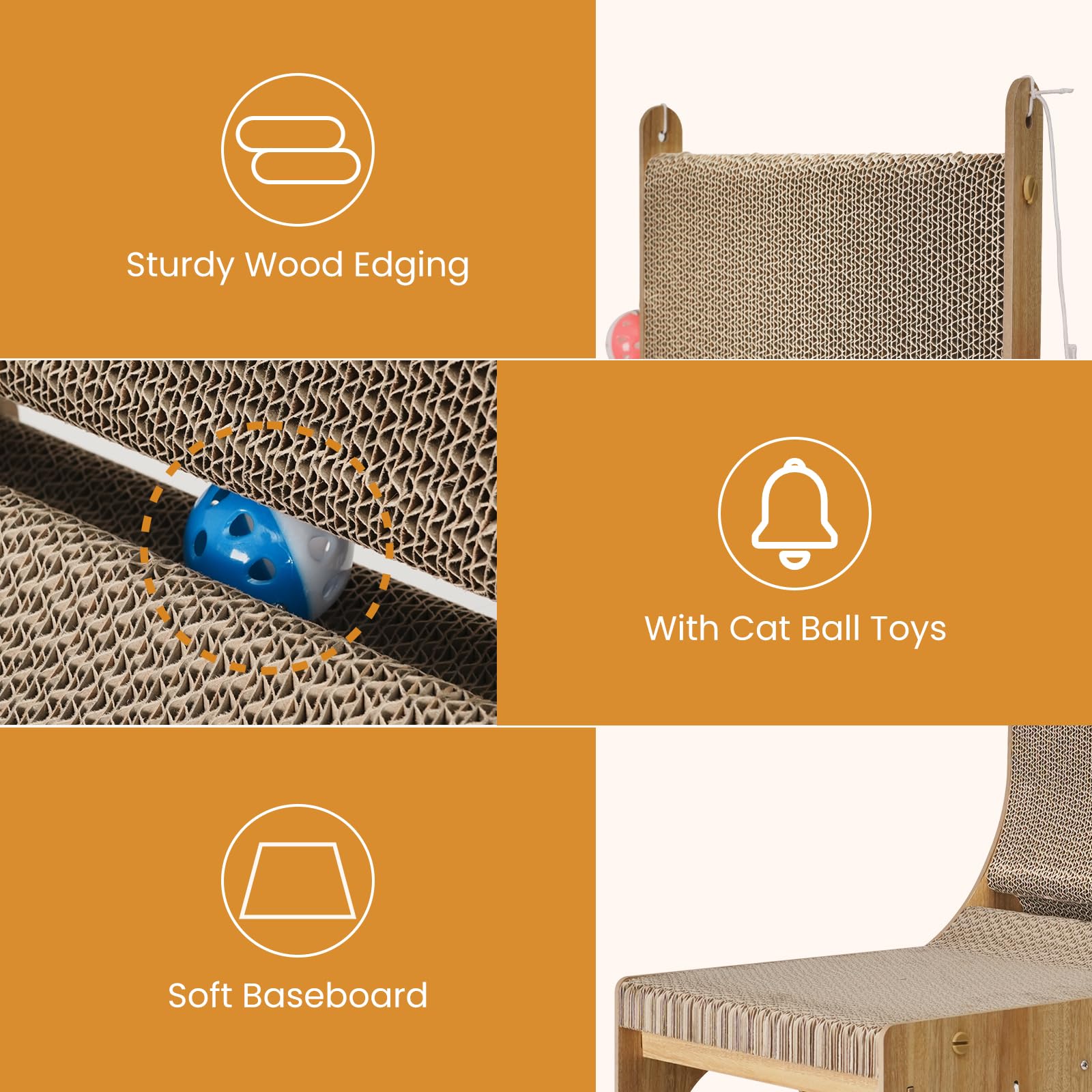 YEMOO Cat Scratcher - L Shaped Double Layer Cardboard Scratching Board with 5 Ball Toys, 25.6"x11.02"x16.54", Wood, Model YM-
