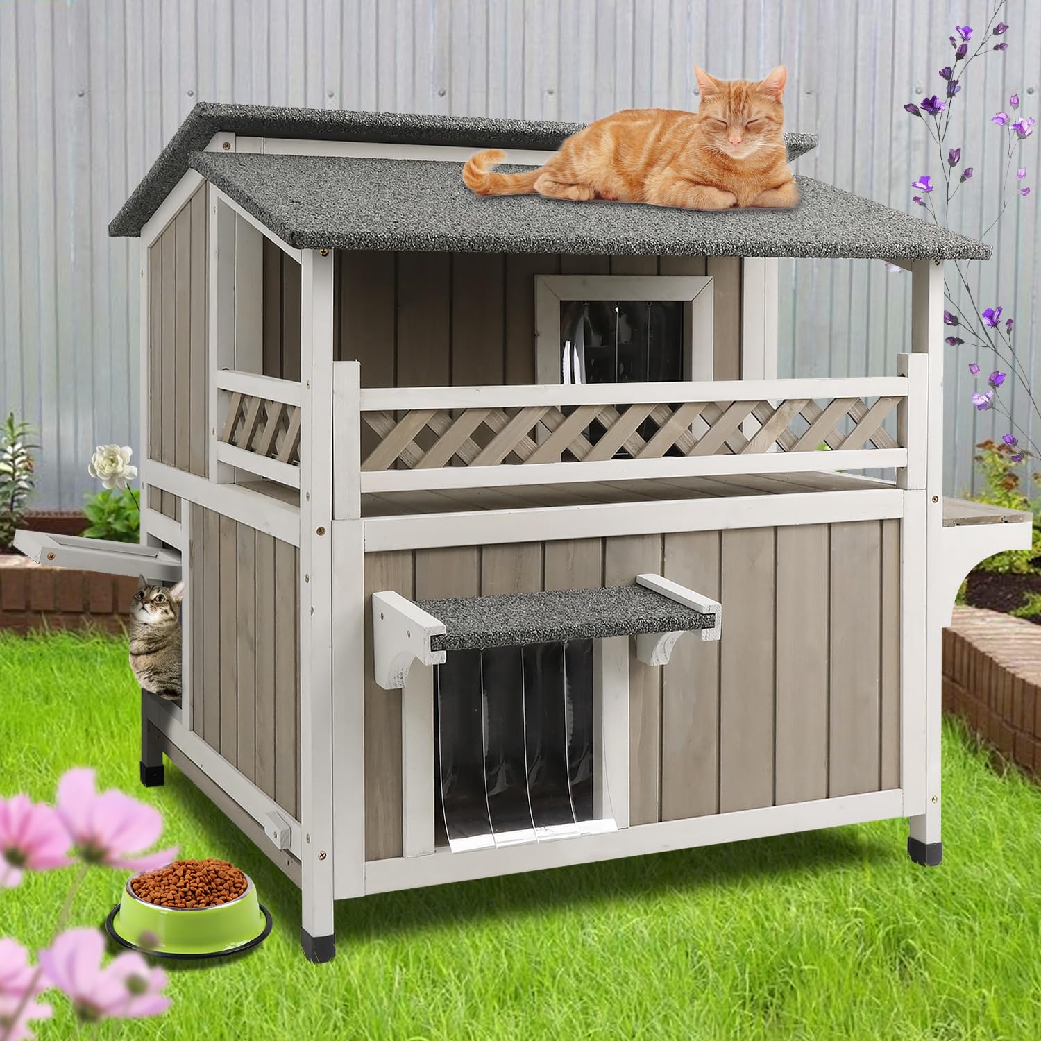 Petscosset Large Outdoor Cat House Weatherproof With Balcony 2-Story Feral Cats Shelter Indoor Cat Condo With Escape Door & Open