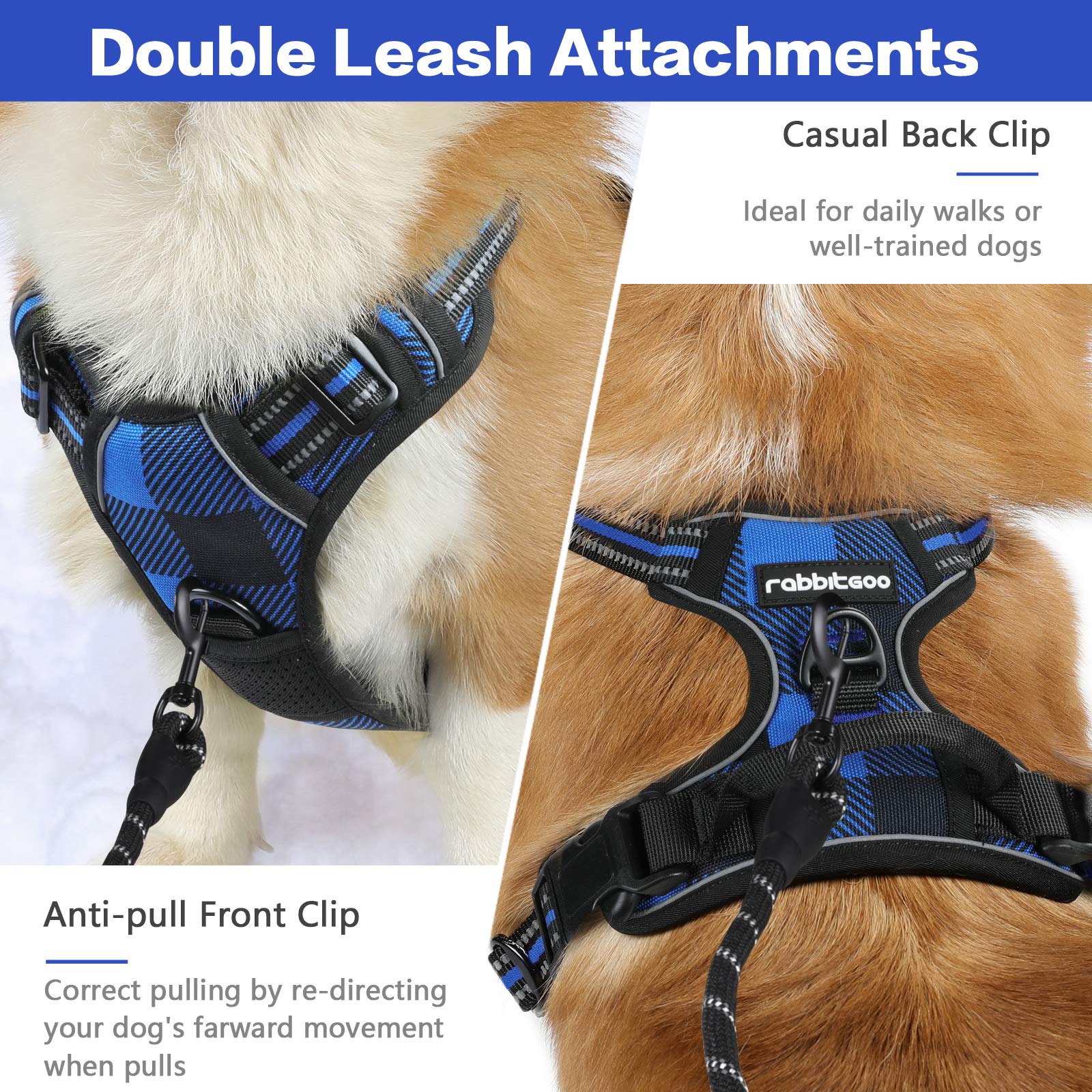 rabbitgoo Dog Harness No-Pull, Comfortable Padded Plaid Harness with Handle Easy Control, Adjustable Reflective Pet Vest with 2