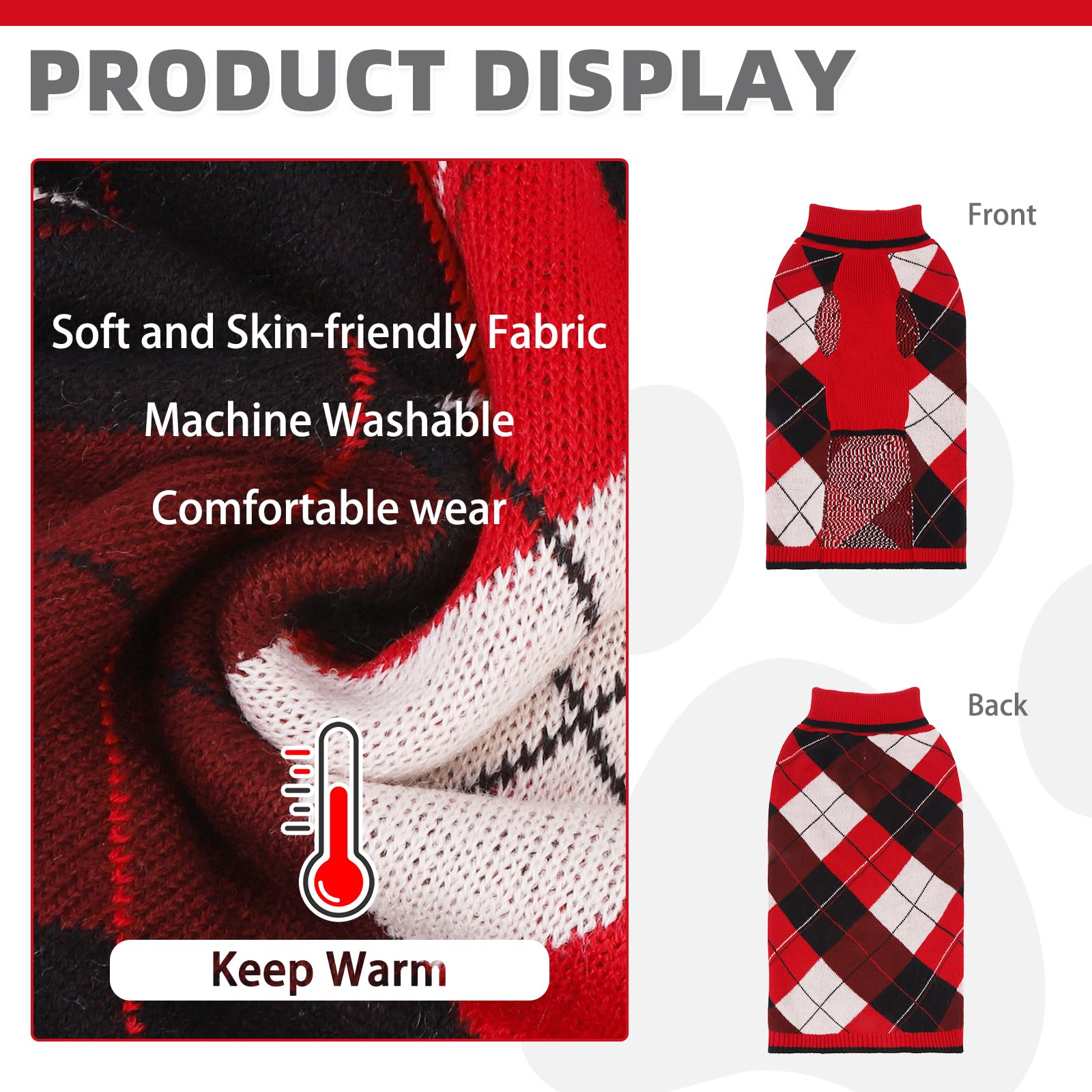 KOOLTAIL Dog Sweater Pet Knitted Clothes-Classic Plaid Pullover Turtleneck Red Fleece Dog Christmas Sweaters with Leash Hole, Th