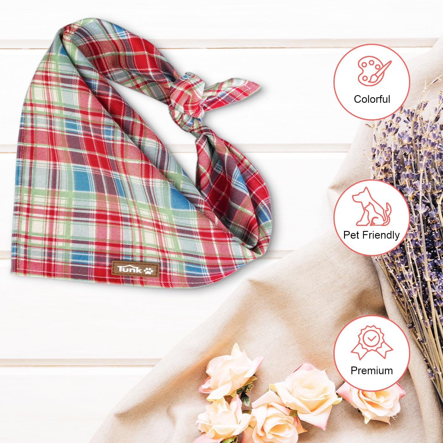 Tunkoo Dog Bandana Pretty Red Green Plaid Cotton Dog Scarf - Durable And Stylish Adjustable For Girl Small And Large Square Pupp