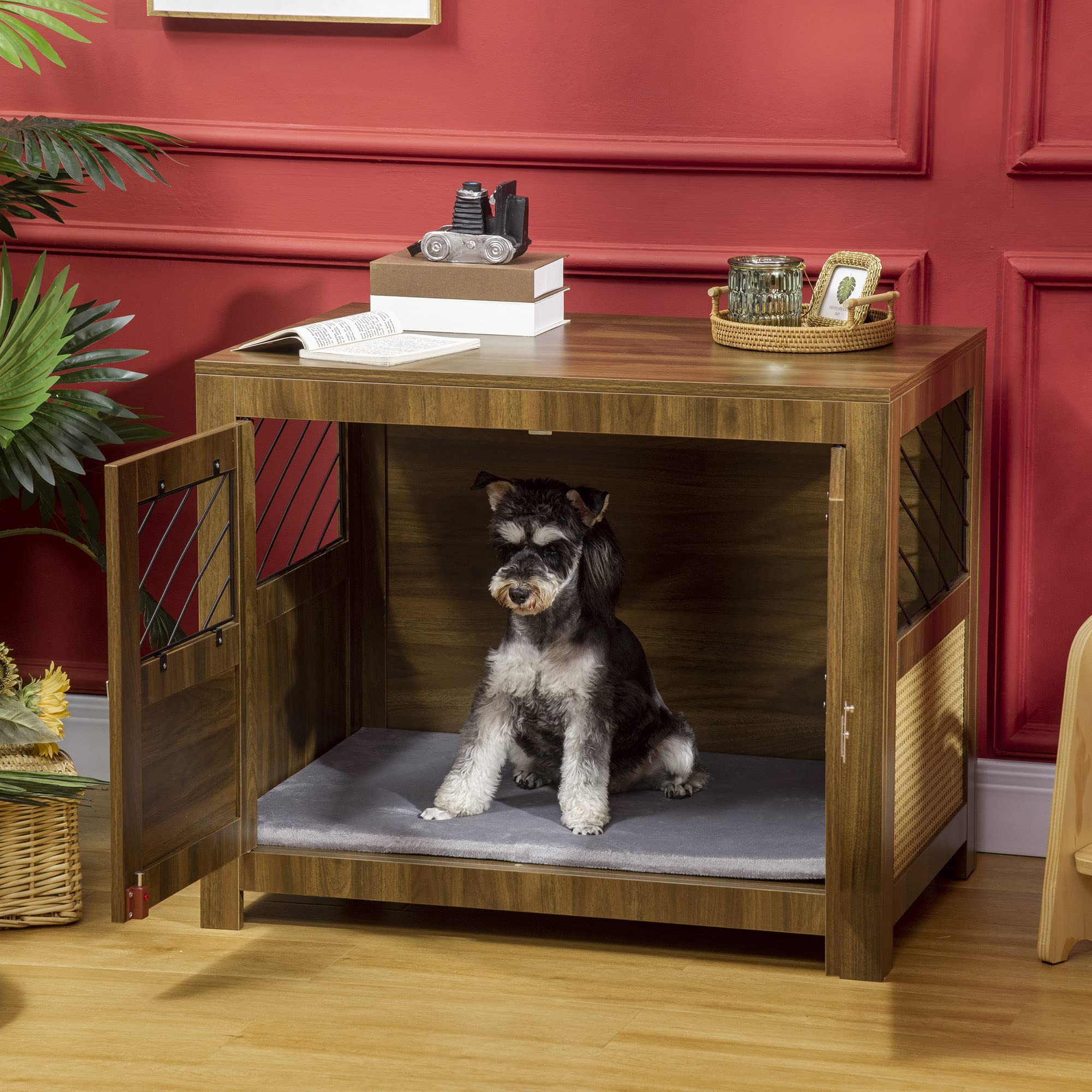 PawHut Dog Crate Furniture with Soft Cushion, Dog Crate End Table with Rattan Decoration, Small to Medium Sized Dog Kennel Furni
