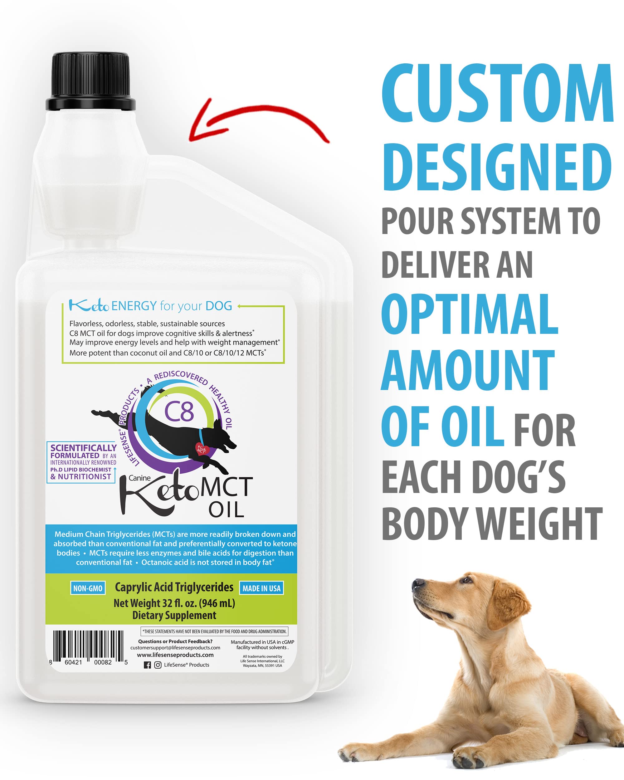 LifeSense C8 MCT Oil for Dogs, Keto-Friendly, Sourced from Coconut Oil, Human Grade, 32 oz, Made in USA by PhD Nutrition, Dog Op