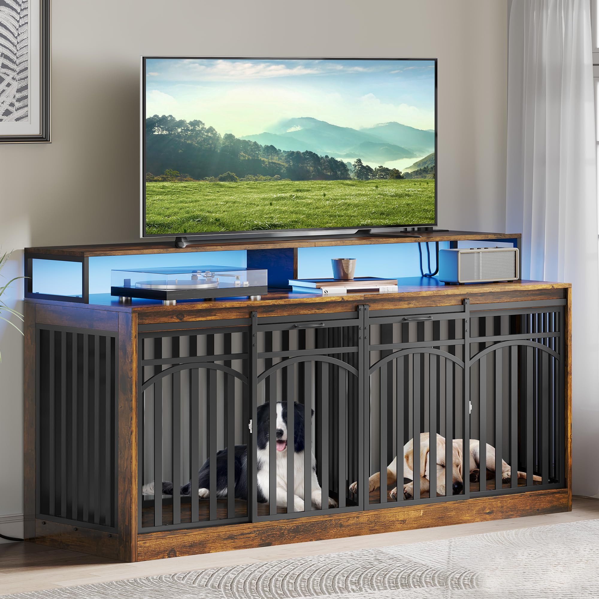 DWVO 71 Double Dog Crate Furniture with LED Light & Power Outlets, Heavy Duty Dual Dog Kennel TV Stand w Storage Shelves Sliding