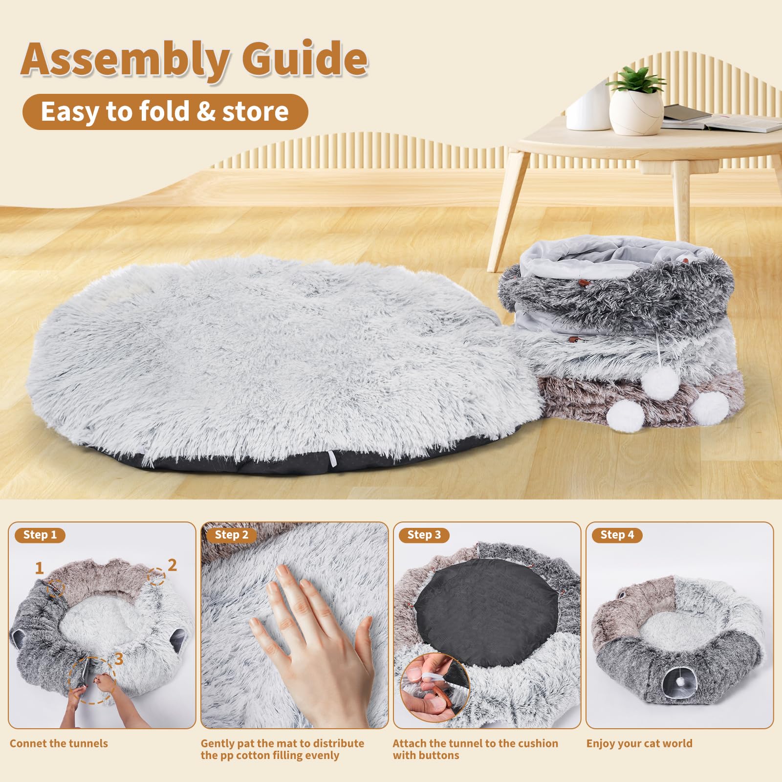 Odoland Large Cat Tunnel And Fluffy Bed - Indoor Detachable Cave With 20 Toys, Donut Tunnel And Variety Kitten Toy Set For Chewi